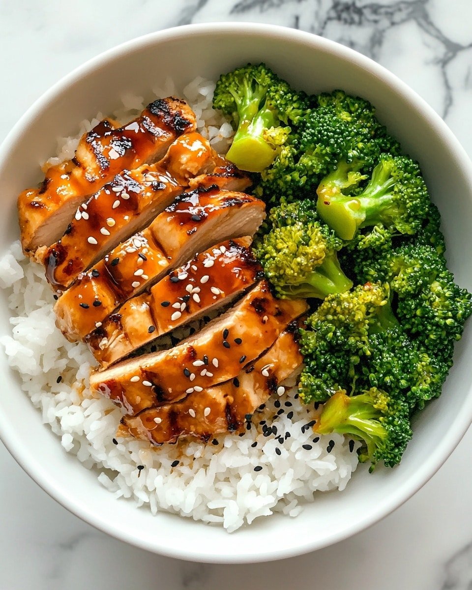 A white bowl sits on a white marbled surface, filled with three main layers: the bottom layer of soft white rice, the middle layer of crispy golden-brown strips with a shiny glaze, each piece topped with bright orange drizzles of sauce and sprinkled with white sesame seeds and small green onion bits, and the top layer of vibrant green steamed broccoli clustered tightly on one side. The whole dish looks fresh and colorful, with textures from smooth rice to crunchy glazed strips and tender broccoli, photo taken with an iphone --ar 4:5 --v 6.1