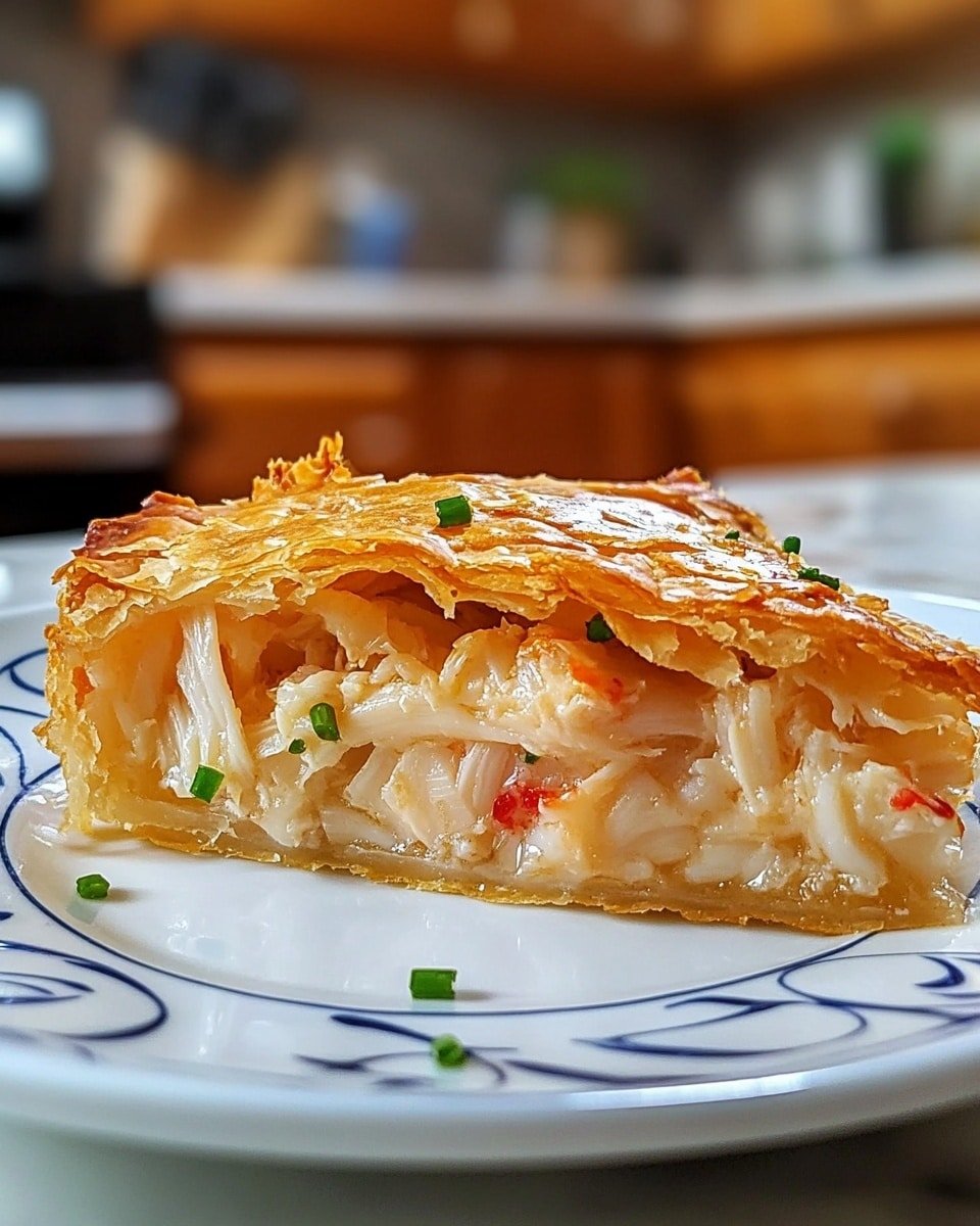 A white plate holds several golden brown croissants arranged in a row, each croissant showing layers of flaky, crispy pastry with a slightly shiny top. One croissant in the front is cut open, revealing a creamy filling with white and orange pieces, likely seafood, mixed with small bits of red and green herbs or vegetables. The croissants are sprinkled with chopped green herbs on top and around on the plate. The background is softly blurred with a white marbled surface underneath. Photo taken with an iphone --ar 4:5 --v 6.1