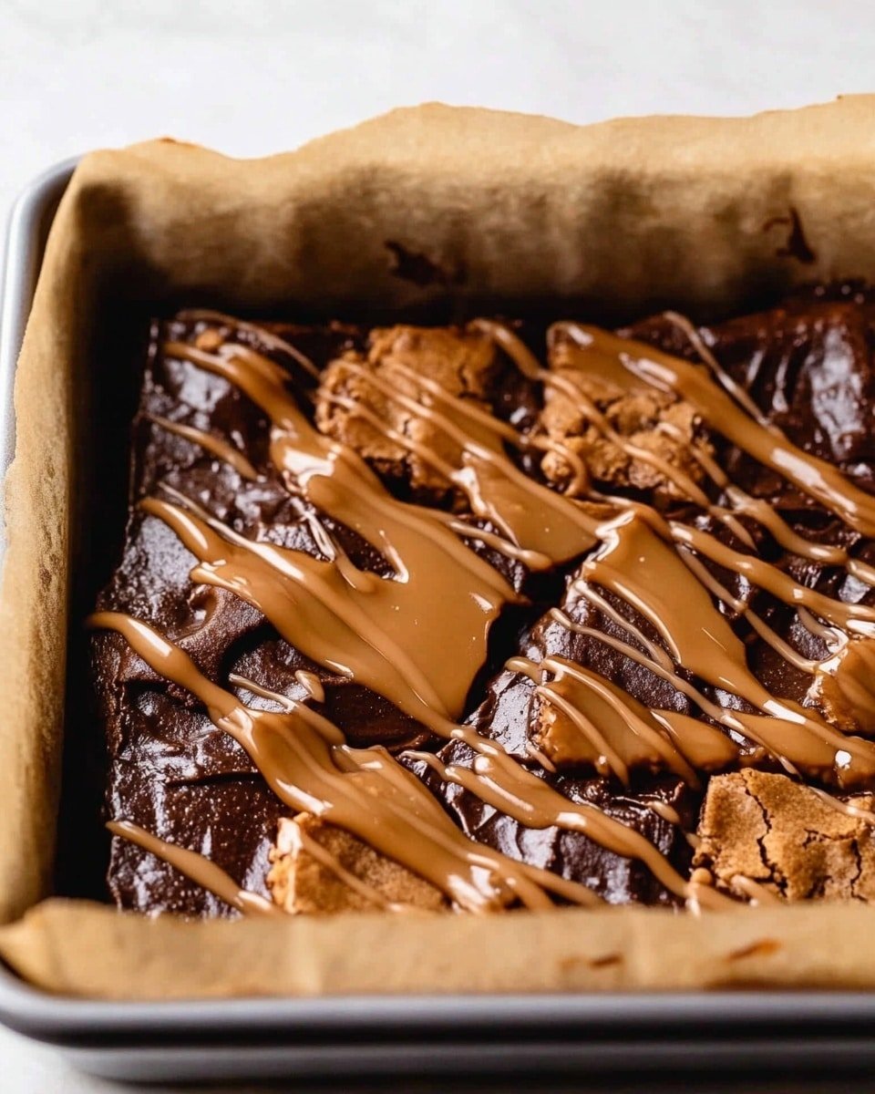 A close-up view of a baked dessert in a square metal pan lined with brown parchment paper. The bottom layer is a rich, dark chocolate base with a glossy texture. On top, there is a scattered layer of broken light brown cookies creating a crunchy contrast. Over the cookies, caramel-colored sauce is drizzled in uneven, thick streaks, adding a shiny and smooth element. The background surface is white marble. photo taken with an iphone --ar 4:5 --v 6.1