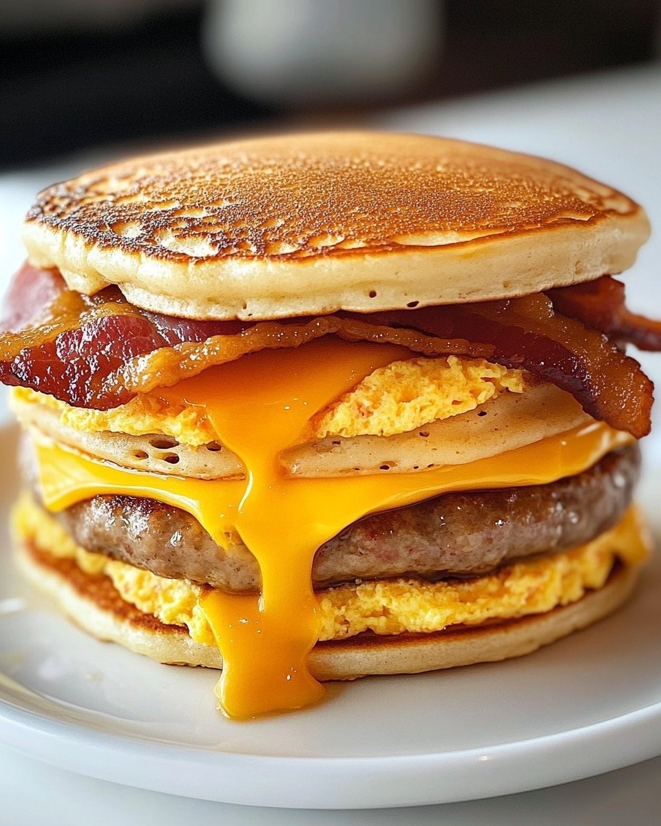 A three-layer sandwich stacked on a white plate sits on a white marbled surface. The bottom layer is a light golden brown pancake with a soft texture. Above that is a fluffy folded egg layer, pale yellow with slight orange highlights. On top of the egg lies a thick, browned sausage patty with a juicy texture. Next, there is a crispy strip of bacon showing glossy, dark reddish-brown and white fat streaks. Above the bacon, a slice of bright orange cheese slightly melts over the edges. The whole sandwich is capped with another pancake, golden with some darker toasted spots, soft and thick. Photo taken with an iphone --ar 4:5 --v 6.1
