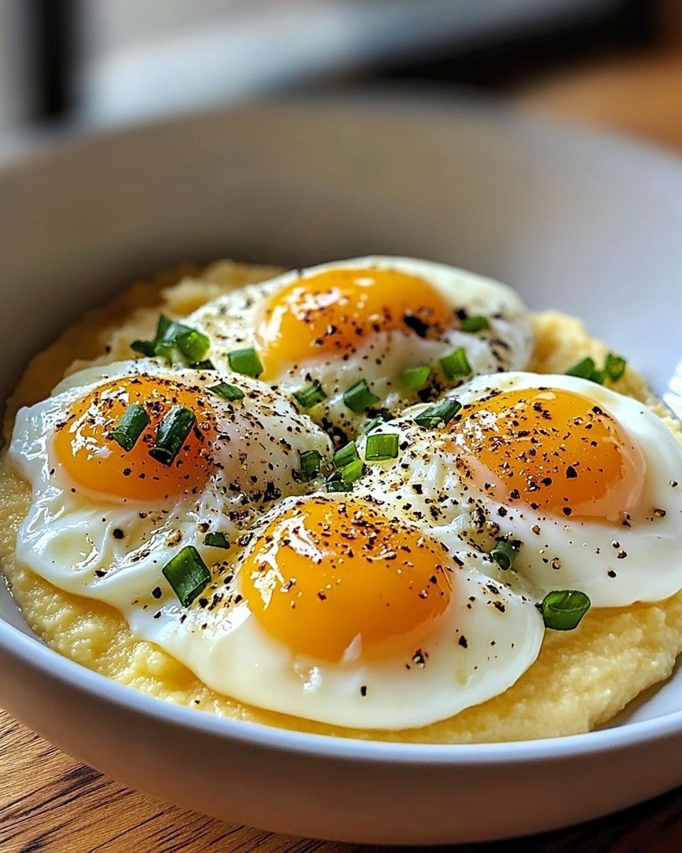 A white bowl is filled with a creamy yellow base, likely polenta or soft cornmeal porridge, which spreads evenly, forming a thick smooth layer. On top, there are four perfectly poached eggs with soft, slightly runny yolks of bright orange color, each surrounded by tender white edges. The eggs are sprinkled generously with cracked black pepper and small pieces of fresh green herbs, probably chopped scallions, adding contrast and freshness. The dish rests on a wooden table with a blurred warm background. photo taken with an iphone --ar 4:5 --v 6.1