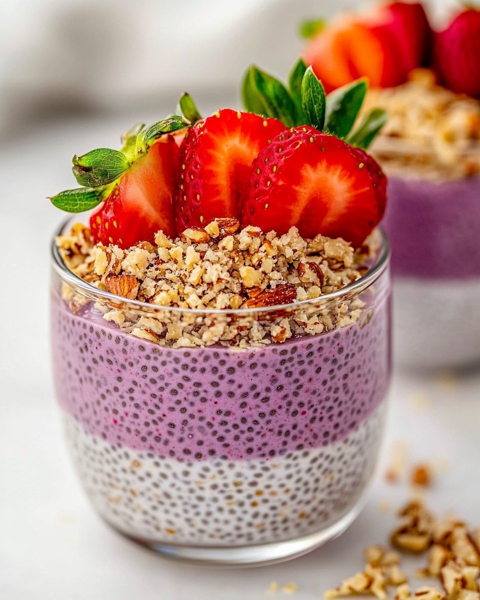 A clear round glass bowl holds three visible layers from top view: the bottom layer is pale pink chia pudding with a speckled texture of small chia seeds, the middle layer beneath is slightly deeper red strawberry puree smoothly blended, and the top layer is divided into two parts—on the left, there is a heap of light brown and beige crushed nuts and granola with a crumbly texture, and on the right, fresh red strawberry slices fan out with one whole strawberry placed on top, showing bright green leafy stems. The bowl sits on a white marbled surface. Photo taken with an iphone --ar 4:5 --v 6.1