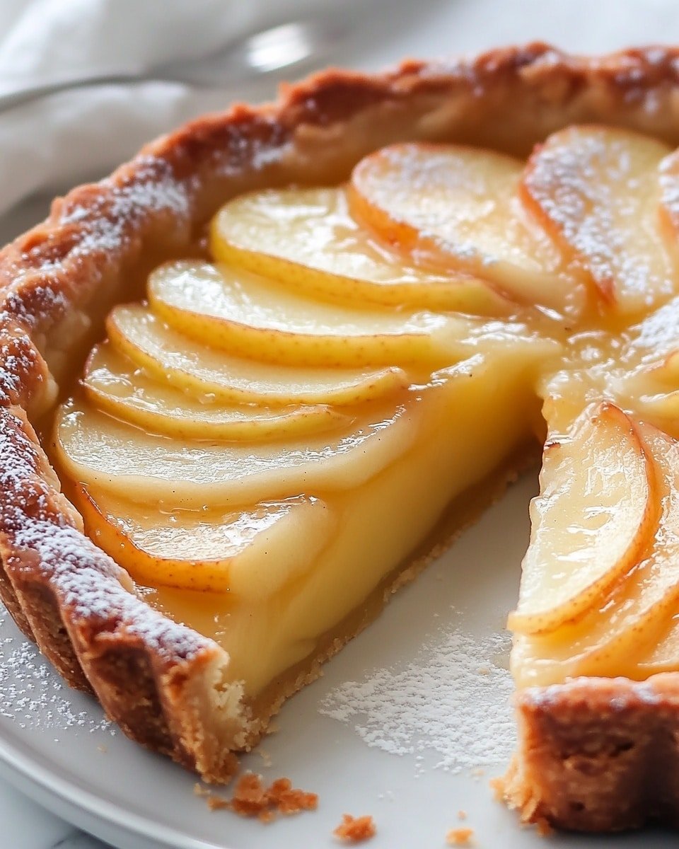 The image shows a round apple tart on a white plate set on a white marbled surface. The tart has a golden-brown crust that looks crispy and slightly uneven around the edges. Inside, there is a creamy, pale yellow filling that appears smooth and thick. On top, thin slices of cooked apple are arranged in a fan shape, with a light golden color and slight caramelization on the edges, dusted with powdered sugar. A wedge has been removed, revealing the creamy filling and the crust's thickness. The background contains a blurred silver fork and a white cloth. Photo taken with an iphone --ar 4:5 --v 6.1
