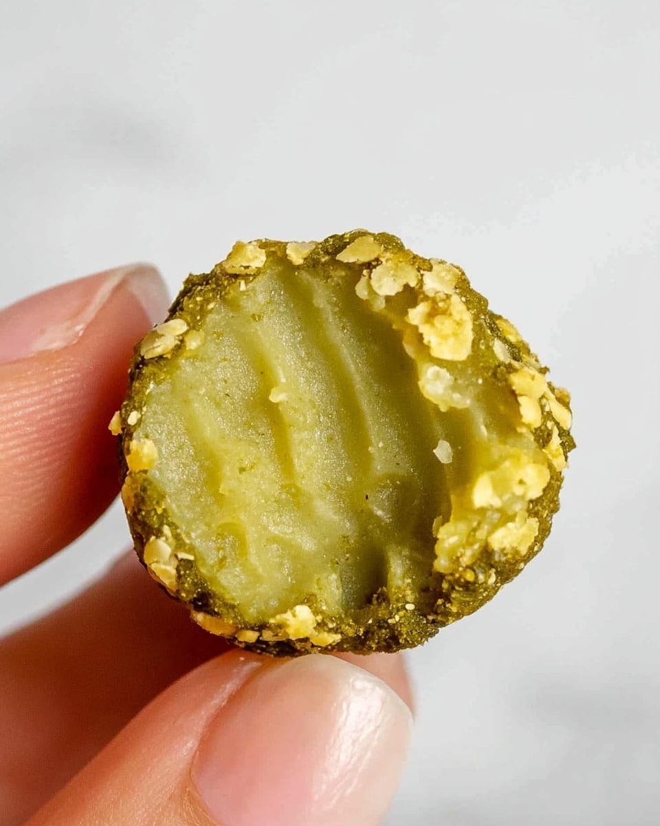 A close-up image of a small round snack held between a woman's thumb and finger against a white marbled background. The snack has one visible layer with a yellow-green color and a slightly shiny, moist texture. The edges are coated with small, light yellow pieces giving it a rough texture. The inside shows a soft but slightly chunky consistency, with some darker green bits mixed in. Photo taken with an iphone --ar 4:5 --v 6.1