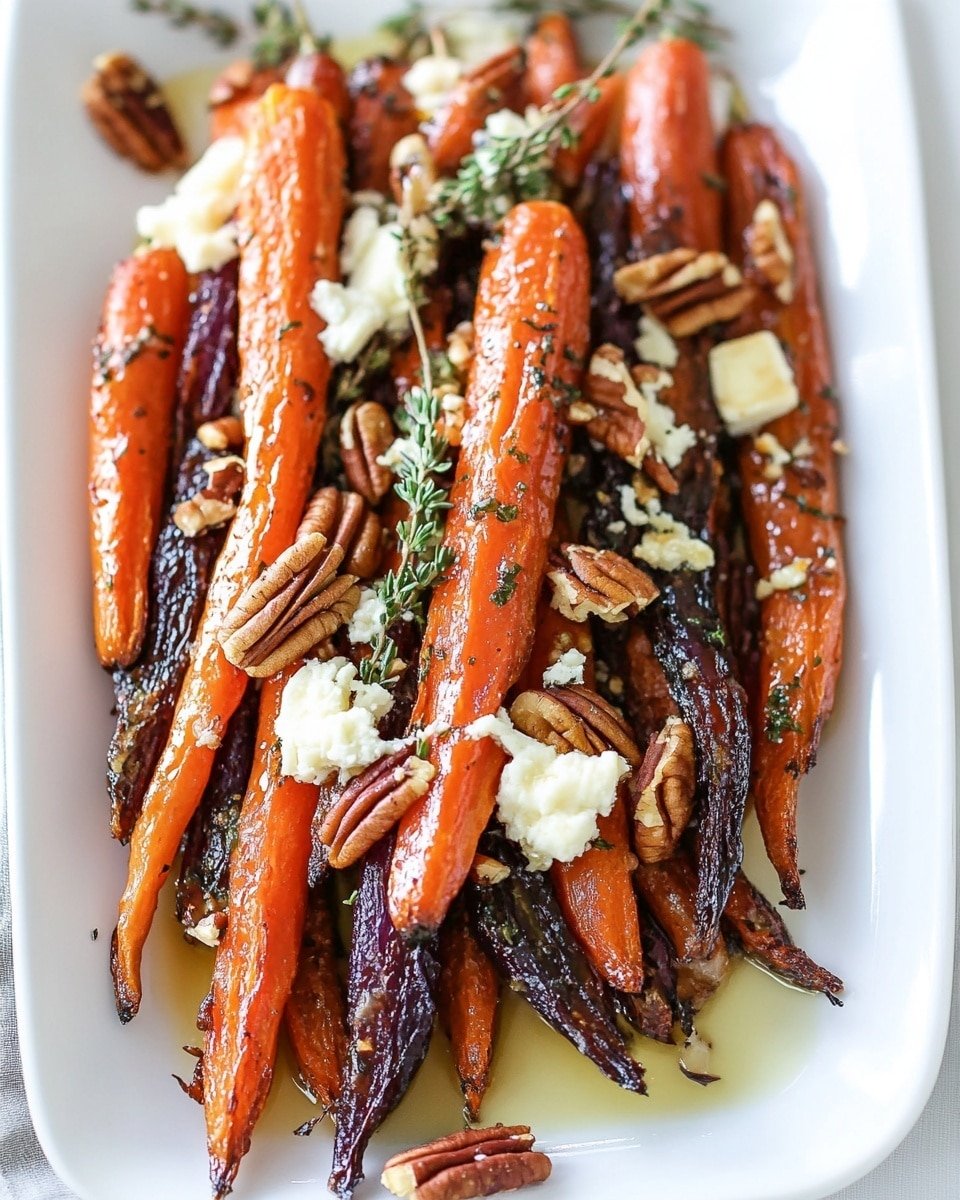A white plate holds a dish with three shiny roasted carrots in shades of orange and yellow, arranged diagonally and topped with chunks of white cheese and dark brown pecans. Small green herb sprigs are scattered over the carrots and plate, adding a fresh touch. Next to the plate is a fork with a wooden handle resting on a folded light gray cloth napkin on a white marbled surface. In the background, a blurred white tray with more roasted carrots is visible. photo taken with an iphone --ar 4:5 --v 6.1