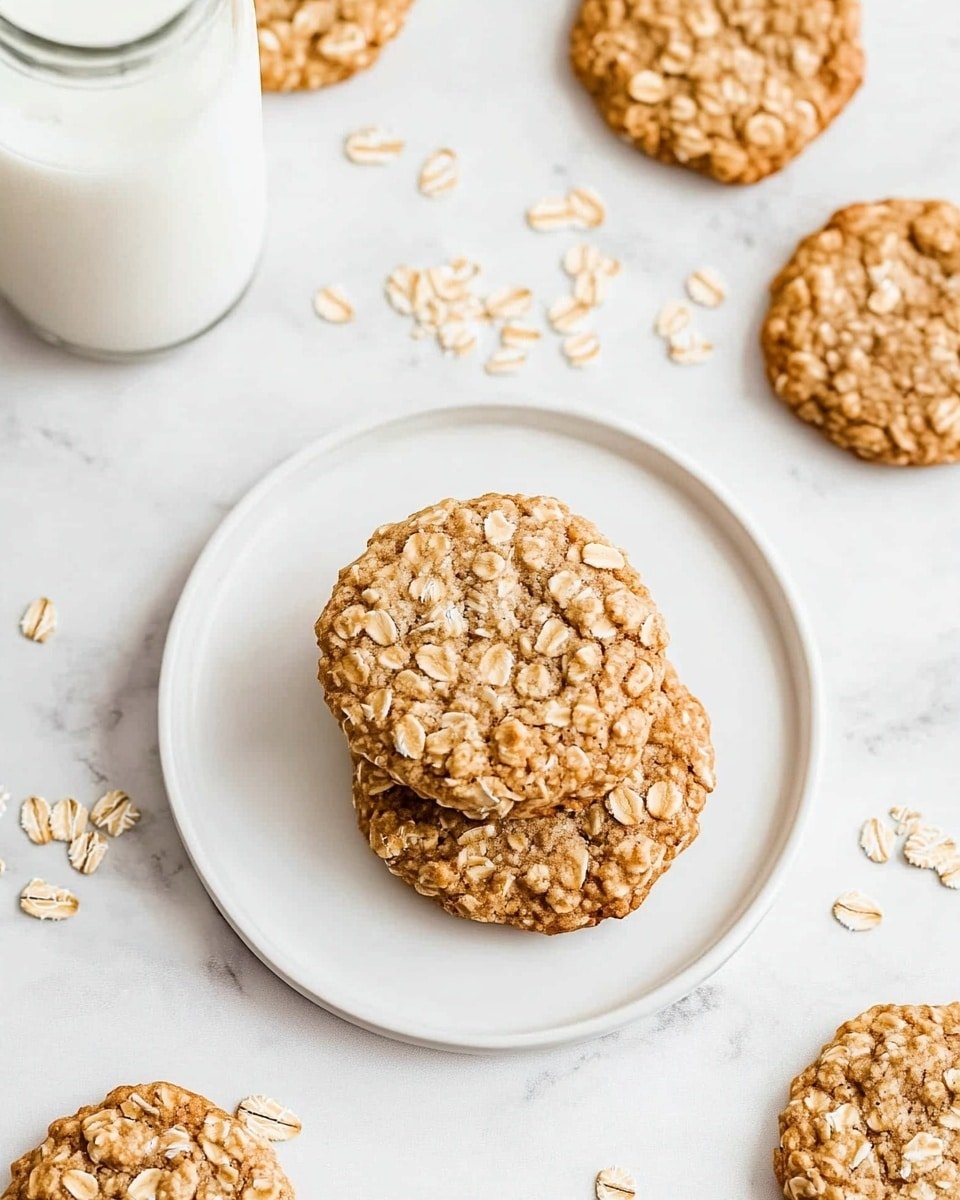 The image shows six round oatmeal cookies with a rough, slightly chunky texture placed on a simple black metal cooling rack. Each cookie has a golden brown color with visible oat flakes throughout, giving a natural, homemade look. The cooling rack is set on a white marbled surface which adds a clean, bright background that contrasts softly with the warm tones of the cookies. Photo taken with an iphone --ar 4:5 --v 6.1