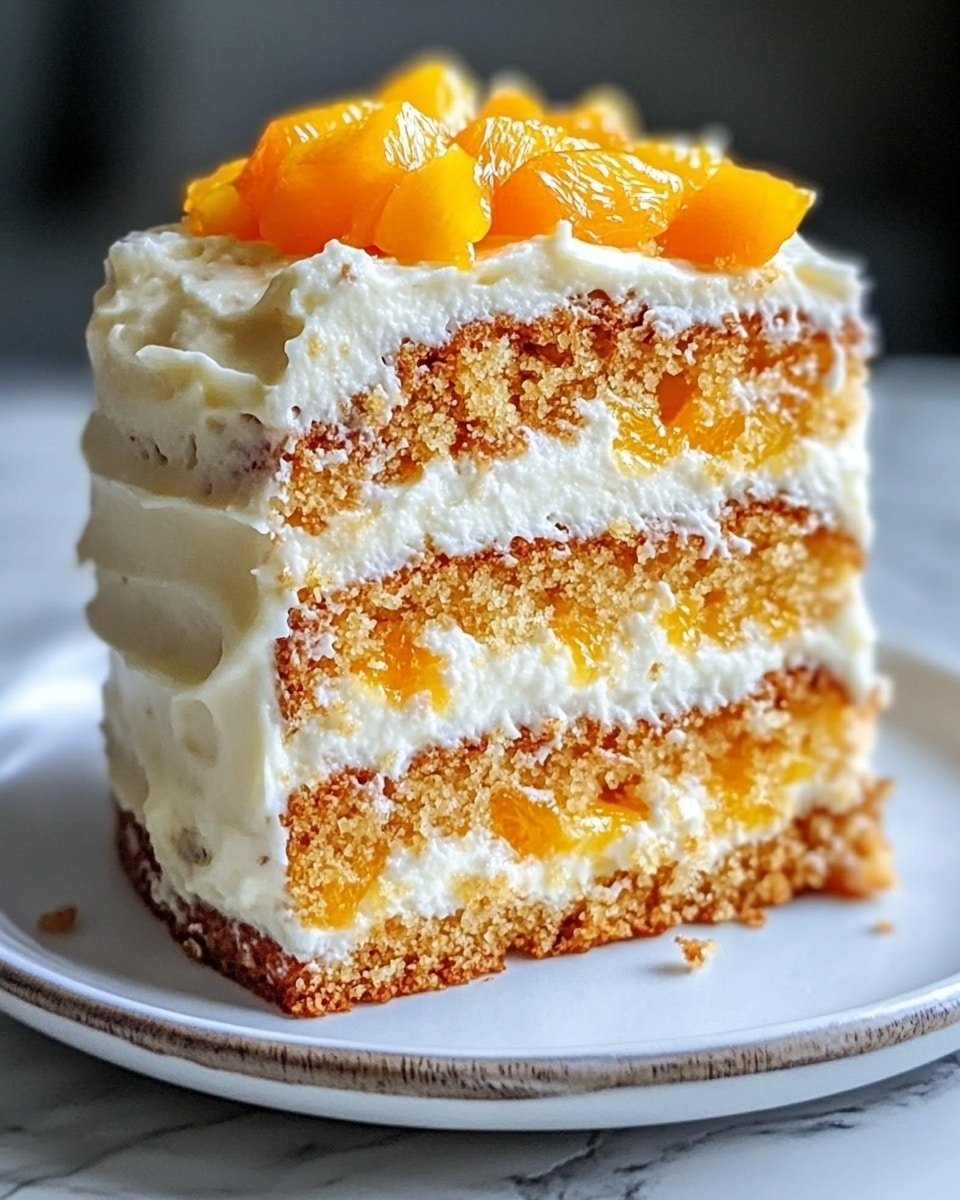 A slice of three-layer cake sits on a white plate with a wood-like texture, placed on a white marbled surface. The cake layers are golden-brown with bits of orange fruit inside, separated by thick layers of creamy white frosting that also contains small pieces of orange and yellow fruit. The top layer is covered with smooth white frosting and topped with chunks of yellow fruit and small bits of orange fruit, giving the cake a fresh and colorful appearance. photo taken with an iphone --ar 4:5 --v 6.1