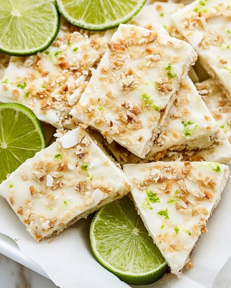 The image shows several uneven pieces of creamy white bark with a rough texture, dotted with small brown toasted coconut flakes and tiny green lime zest specks scattered across the surface. The pieces are layered slightly on top of each other in a white base container lined with parchment paper. Fresh lime slices with bright green rind and juicy light green flesh are mixed among and beneath the bark pieces, adding a fresh and vibrant contrast. The background is a white marbled texture. Photo taken with an iphone --ar 4:5 --v 6.1
