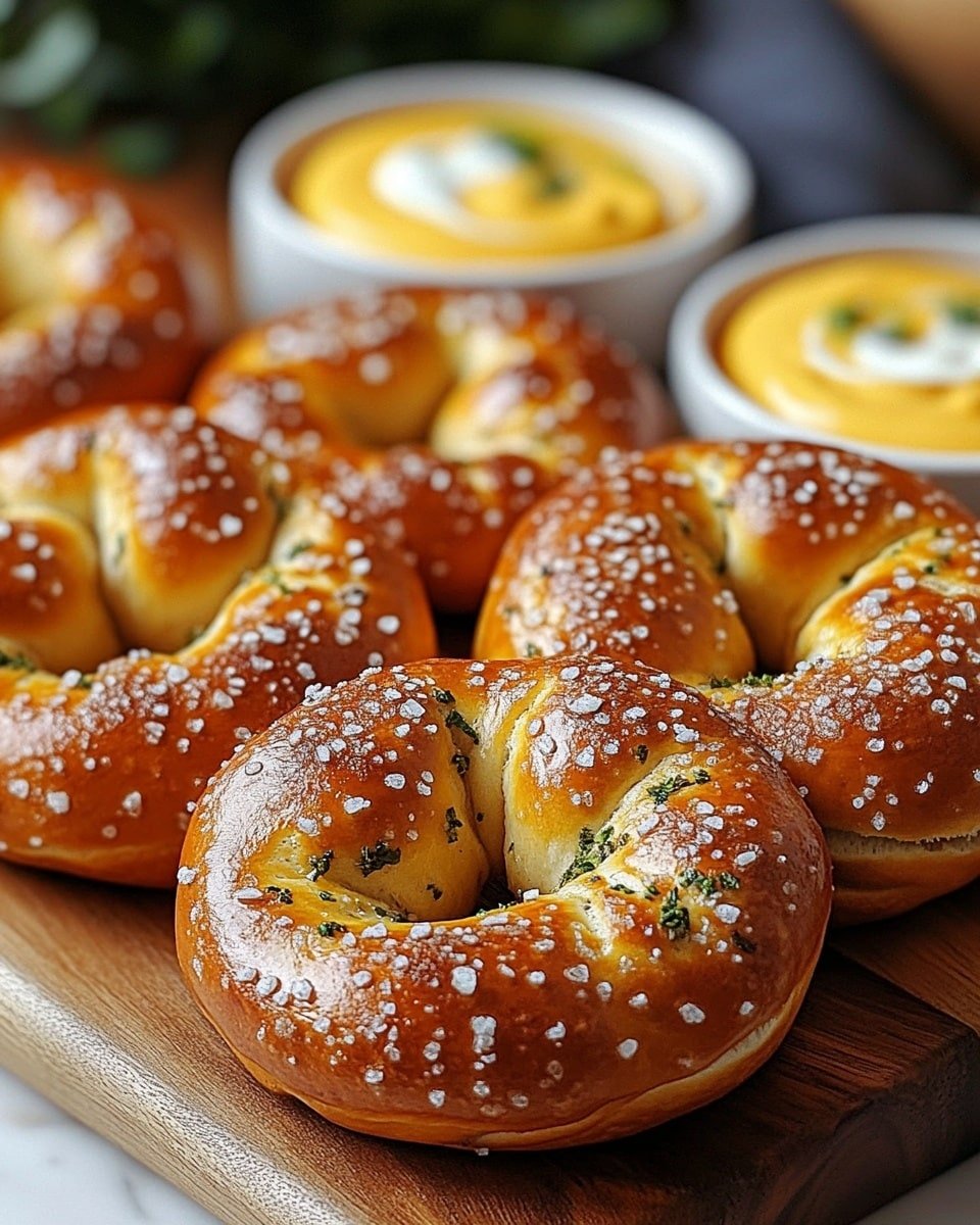 Six golden-brown pretzels with coarse salt crystals scattered on their shiny, slightly cracked tops are arranged on a wooden board. The pretzels have a rich, smooth texture with small green herb flakes sprinkled across them. In the background, two small white bowls hold creamy yellow and orange dipping sauces with white swirls on top. The scene is set on a white marbled surface with soft natural light highlighting the textures. Photo taken with an iphone --ar 4:5 --v 6.1