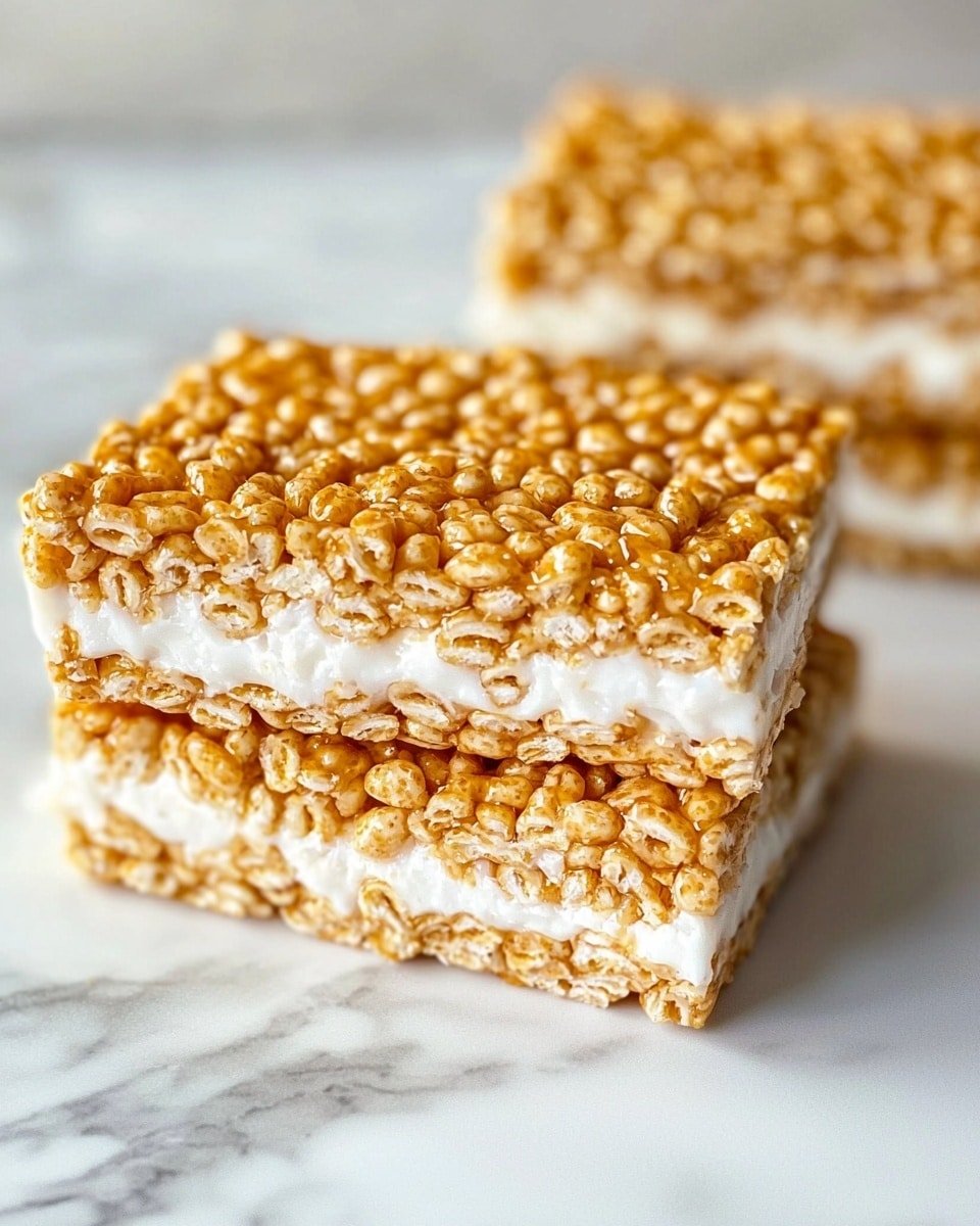 The image shows close-up layers of two square cereal bars stacked on a white marbled surface. Each bar has two layers: the bottom layer is a caramel-colored crispy puffed rice texture with a shiny, sticky finish, and the top layer is a thin coat of white icing or frosting, smooth and slightly glossy, covering the entire surface of the bars. The bars are aligned so that the top bar is directly above the bottom one, with the white topping clearly visible on both. Photo taken with an iphone --ar 4:5 --v 6.1