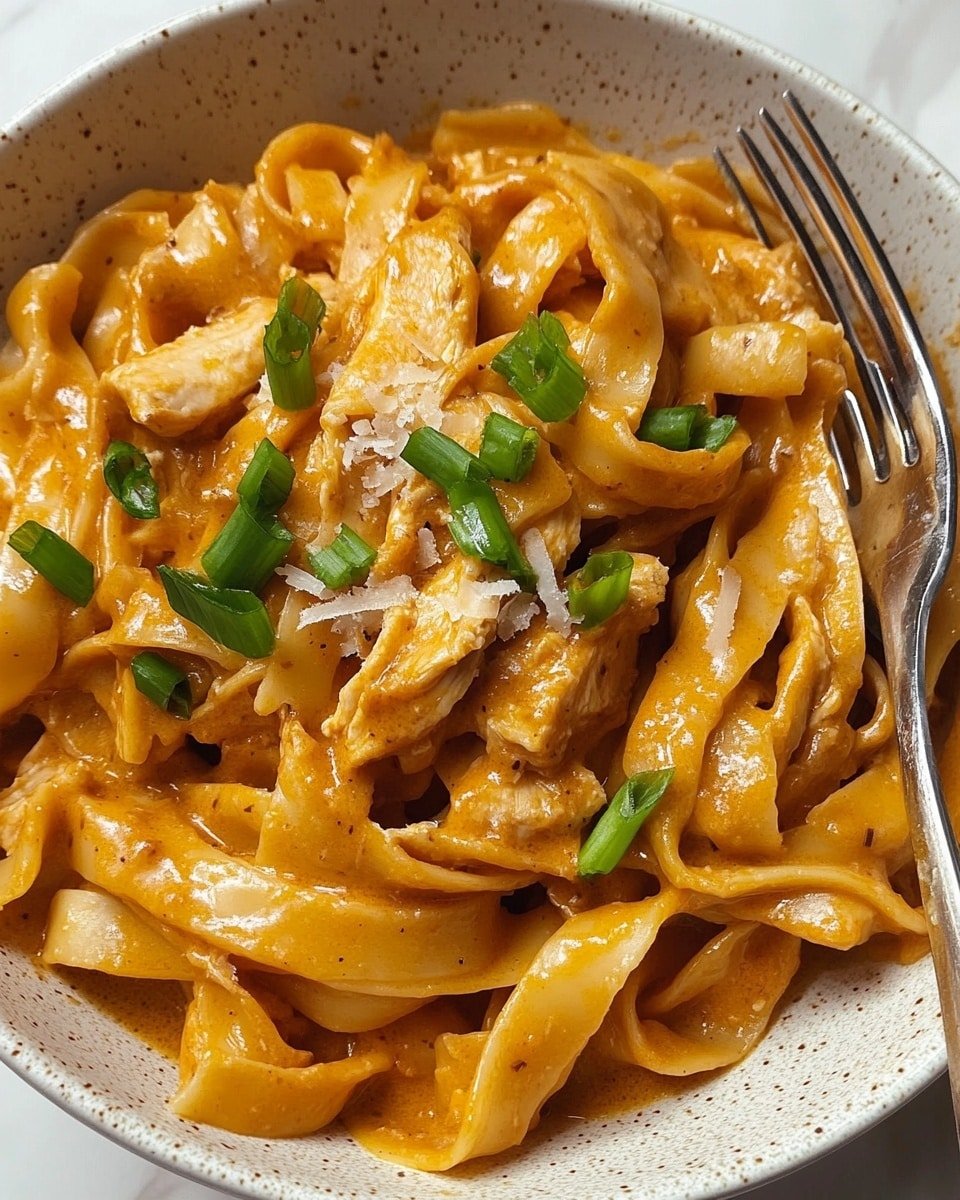 The image shows a close-up of a white bowl filled with thick flat pasta noodles coated in a creamy orange sauce. Mixed in are pieces of cooked chicken that are also covered in the sauce. The dish is topped with small green onion slices and a light sprinkling of grated cheese. A silver fork is partially inside the bowl on the right side, with its handle resting on the white marbled texture surface. The sauce looks smooth and shiny, covering the noodles and chicken evenly, giving the dish a rich appearance. Photo taken with an iphone --ar 4:5 --v 6.1