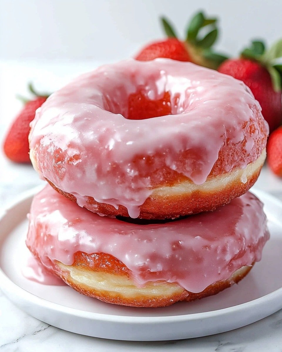 A white plate holds a pink donut, broken in half to show its soft, fluffy inside with a slightly textured surface. The donut is covered with a thin white glaze that drips slightly down the sides. Behind the plate, there are two more pink donuts with the same white glaze, resting on a white marbled surface. To the right of the plate, three fresh red strawberries add a natural contrast to the scene. The overall image is bright with a clean, fresh look. photo taken with an iphone --ar 4:5 --v 6.1