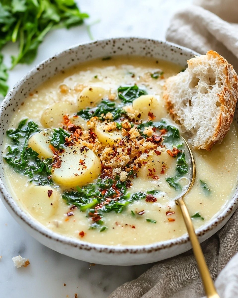 A white round pot filled with a chunky soup that has a rich, creamy yellow-orange color. The soup contains several layers: soft, white potato pieces scattered throughout, cooked ground meat in small brown clumps mainly in the center, and leafy green spinach spread evenly over the surface. Red chili flakes are sprinkled on top, adding a touch of red contrast. A gold spoon is placed inside the pot, with its handle resting on the edge. The pot sits on a soft, light beige cloth on a white marbled surface, with a small white bowl of extra red chili flakes placed nearby. Photo taken with an iphone --ar 4:5 --v 6.1