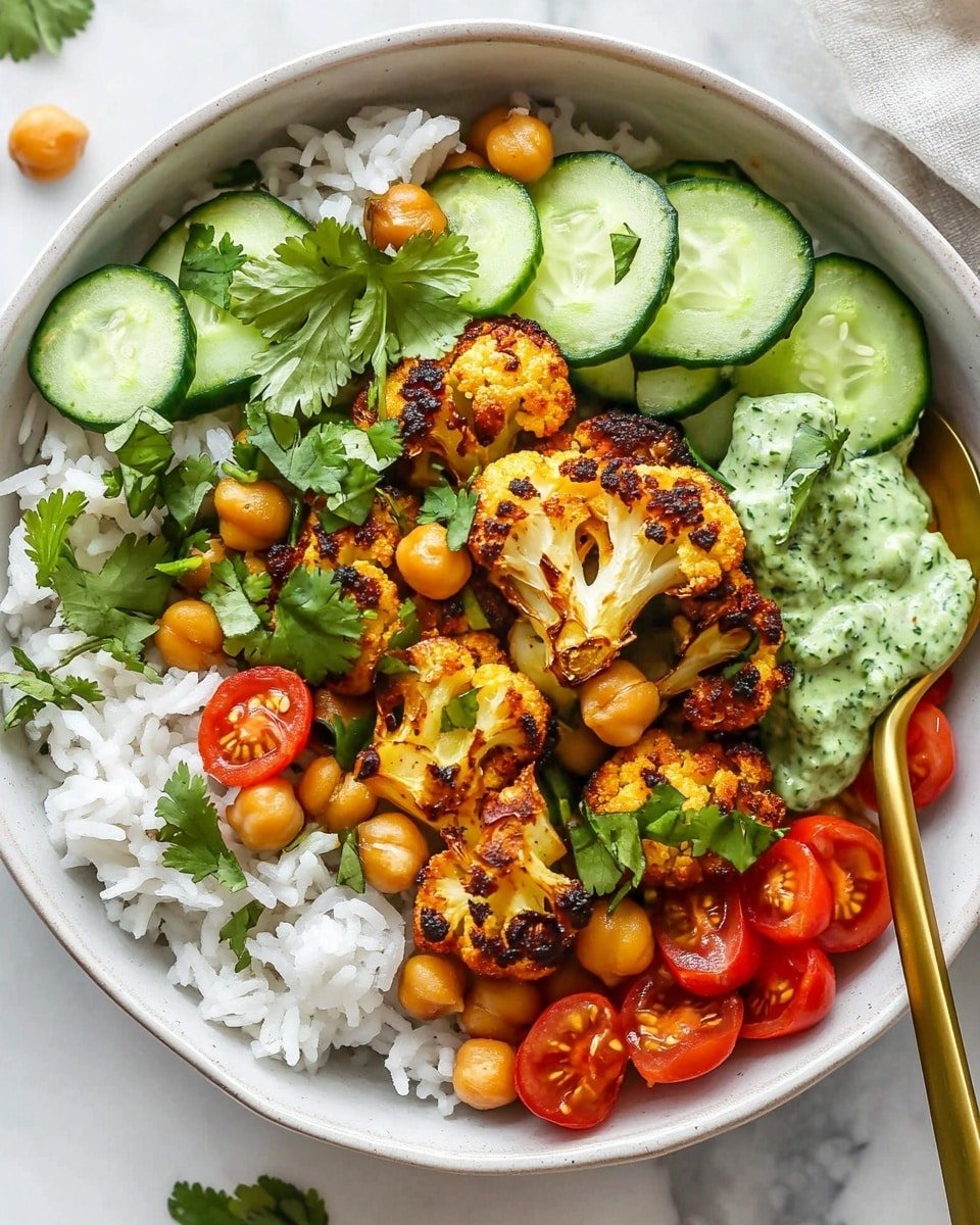 The dish is served in a white bowl, placed on a white marbled surface. It has a base layer of white rice spread evenly across the bowl. On top, there are well-roasted cauliflower pieces with a golden-brown, slightly charred texture. Among the cauliflower are small, round chickpeas with a crispy look. Slices of cucumber and halved cherry tomatoes, both red and yellow, add fresh green and bright red colors around the bowl. The whole dish is drizzled with a thick, creamy green sauce, and garnished with fresh cilantro leaves scattered on top. A gold spoon rests on the right side inside the bowl. Photo taken with an iphone --ar 4:5 --v 6.1