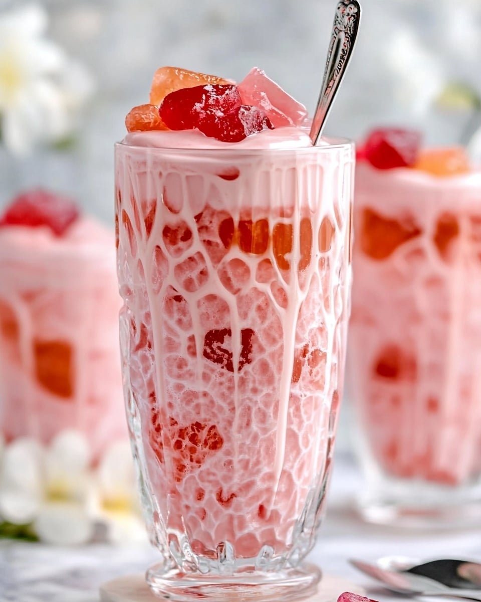 The image shows a glass pitcher and a small white glass filled with a pink creamy drink. Inside the drink are colorful jelly cubes in shades of red, orange, and green scattered randomly, along with small round pink bubbles floating throughout. The pitcher is clear and takes up most of the image with the drink topped with the jelly cubes visible from above, while the smaller glass next to it also shows the same pink liquid with jelly on top. The background includes a white marbled surface with a striped cloth under the pitcher and some bright pink and white flowers beside the drinks. photo taken with an iphone --ar 4:5 --v 6.1