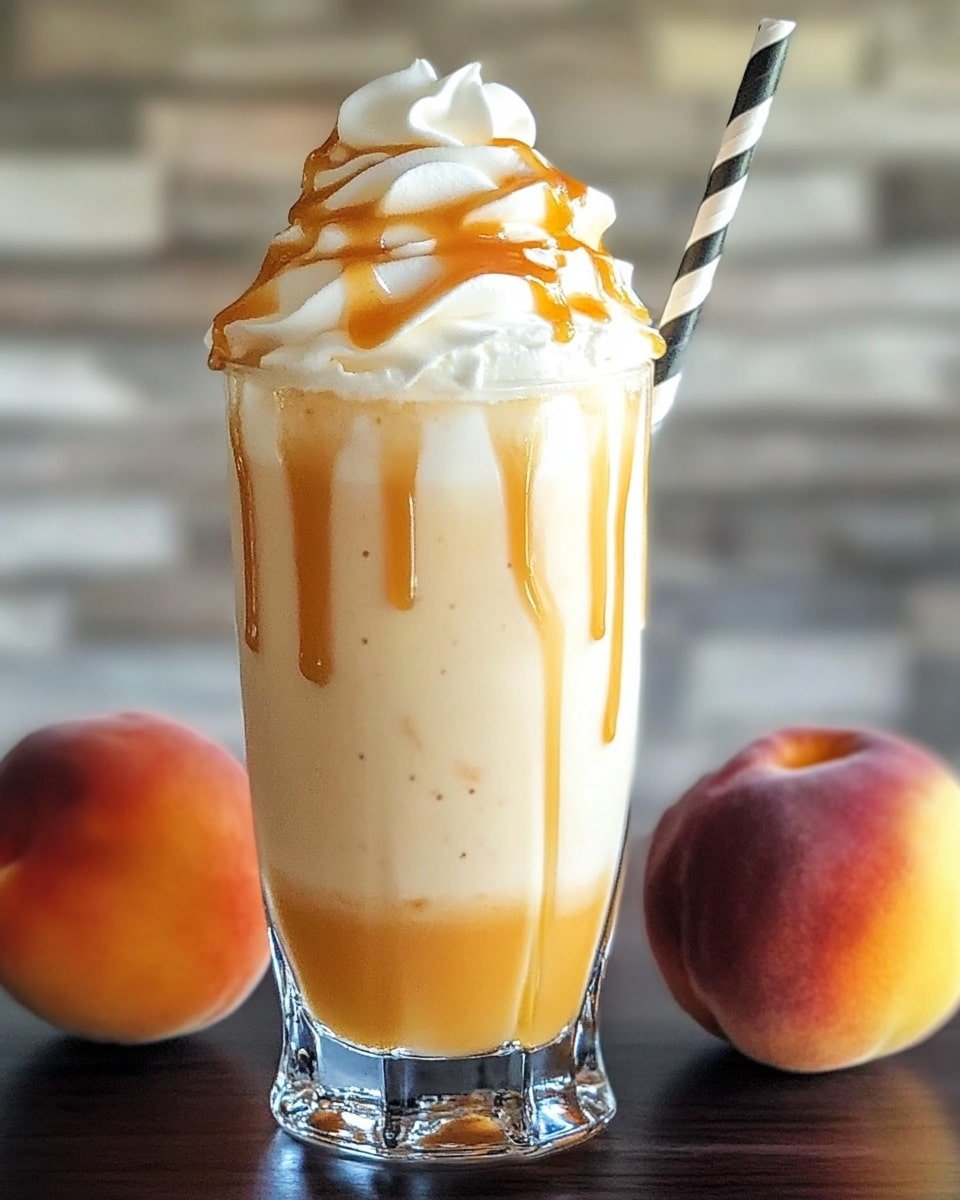 A tall clear glass filled with a light peach-colored creamy drink that has small specks in it. The drink is topped with a generous swirl of white whipped cream, drizzled with golden caramel sauce. A white paper straw with black stripes is placed on the right side, slightly leaning outward. Two whole peaches with a gradient of orange and red colors rest on a dark wooden surface next to the glass. The background shows a gray stone wall, replaced with a white marbled texture. photo taken with an iphone --ar 4:5 --v 6.1