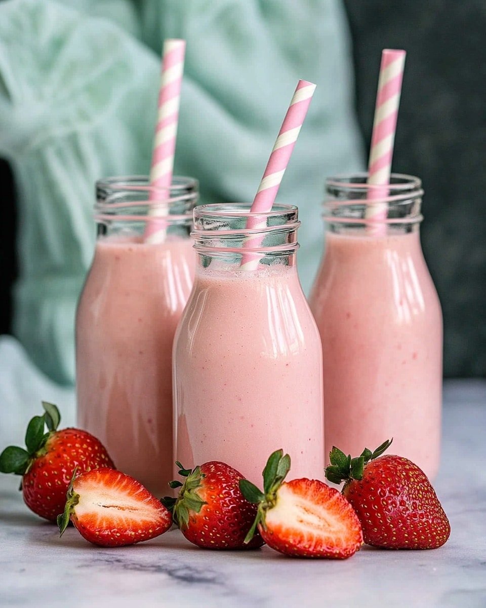 The image shows three clear glass bottles filled with light pink strawberry smoothie, each topped with a pink-and-white striped paper straw. The bottles are standing on a white marbled surface. At the front of the bottles, there are five fresh strawberries, two halved showing their red inside and three whole with green tops. A woman's hand wearing light peach nail polish is gently holding the left bottle. In the background, part of a person wearing a mint green garment with ruffle details is visible. photo taken with an iphone --ar 4:5 --v 6.1