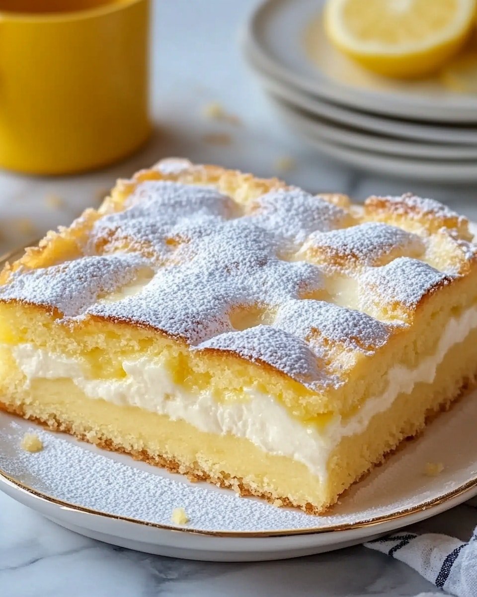 A round lemon cake with three visible layers: the bottom layer is a golden-brown, crispy crust; the middle layer is a smooth, glossy pale yellow lemon filling that spreads evenly; the top layer has soft, light yellow sponge cake pieces scattered, each dusted with white powdered sugar. The cake is served on a white round plate with a thin gray rim and placed on a white marbled surface. In the background, there are two whole lemons and a white plate with lemon slices. photo taken with an iphone --ar 4:5 --v 6.1