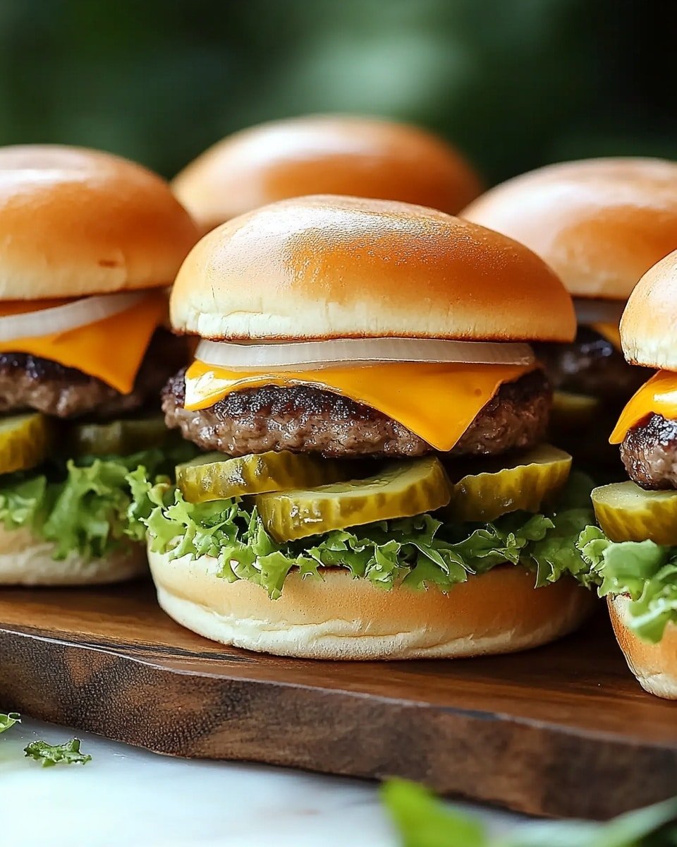 The image shows six cheeseburgers stacked on a round wooden board. Each burger has a soft, shiny, golden-brown bun on top and bottom. The bottom bun holds a layer of fresh green leaf lettuce, followed by a thick cooked beef patty. On top of each patty is a bright orange slice of melted cheddar cheese. Above the cheese, there is a dollop of white sauce, then some have crinkly green pickle slices, and some have thin white shredded onions. One burger near the center also has extra shredded white cheese under the top bun. The burgers are placed closely together against a blurred green and white background with natural light. photo taken with an iphone --ar 4:5 --v 6.1