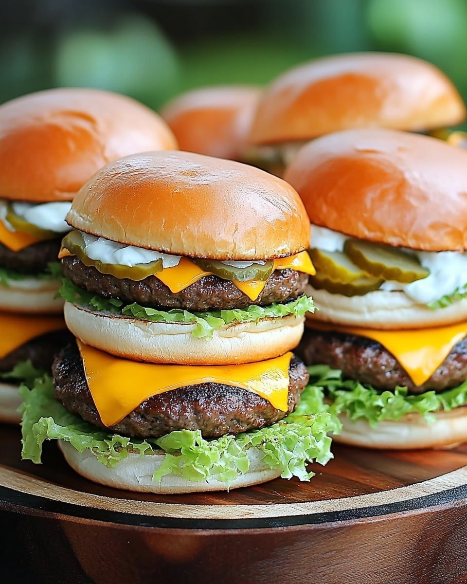 Five cheeseburgers are stacked on a round wooden board with thick bark on its edge. Each burger has a soft light brown bun top with a shiny texture. The bottom bun layer is white and fluffy. On the buns, there is a fresh green leaf of lettuce pressed slightly. Above the lettuce, there is a thick cooked beef patty with a melted bright orange slice of cheddar cheese on top. On top of the cheese, there are different layers of toppings: thin, crinkly green pickle slices, smooth white creamy sauce dollops, and finely shredded pale yellow cabbage or lettuce. The background is blurred with some soft natural light and a white marbled surface underneath. photo taken with an iphone --ar 4:5 --v 6.1