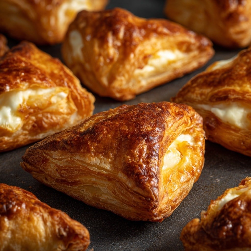 The image shows a close-up view of several golden-brown puff pastry puffs on a dark baking tray. Each pastry has 3 to 4 flaky layers with a shiny, slightly crisp outer crust. The pastries are folded into triangular or rounded square shapes with a creamy white filling inside that looks soft and slightly browned on top. Small green slices, likely jalapeños or peppers, are visible within the creamy filling in each puff. The pastries are arranged closely in a neat grid on the baking tray, which rests on a white marbled surface. The photo taken with an iphone --ar 4:5 --v 6.1