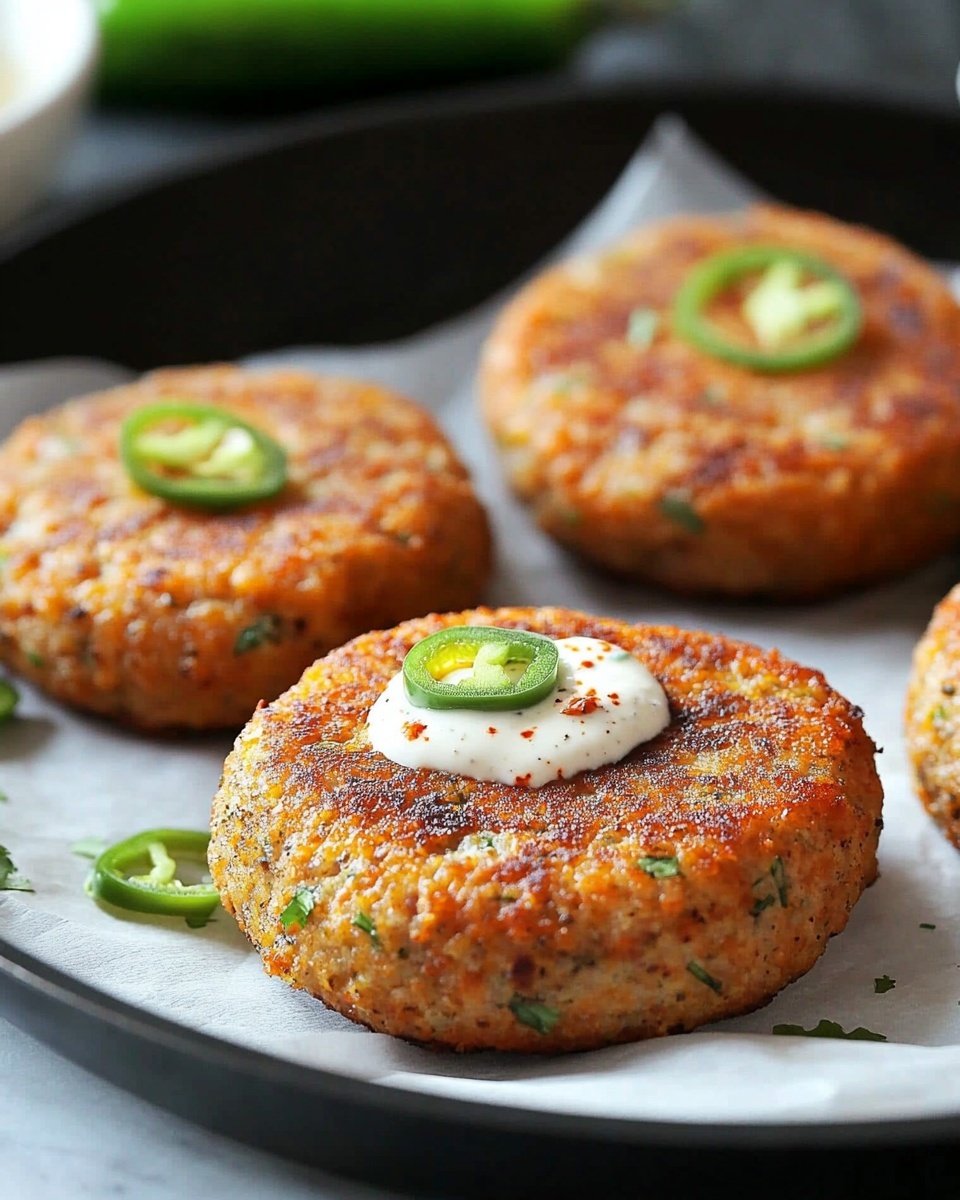 The image shows four round, browned patties on a black tray lined with white parchment paper, placed on a white marbled surface. The patties have a speckled texture with small herbs visible throughout. The nearest patty is topped with a seasoned cream filling in the center and garnished with a thin green chili slice, with some chili seeds visible. The other three patties in the background are also topped with similar green chili slices. A sliced green chili is partially visible at the front right of the tray, and there are blurred green avocados and a white bowl in the background. photo taken with an iphone --ar 4:5 --v 6.1