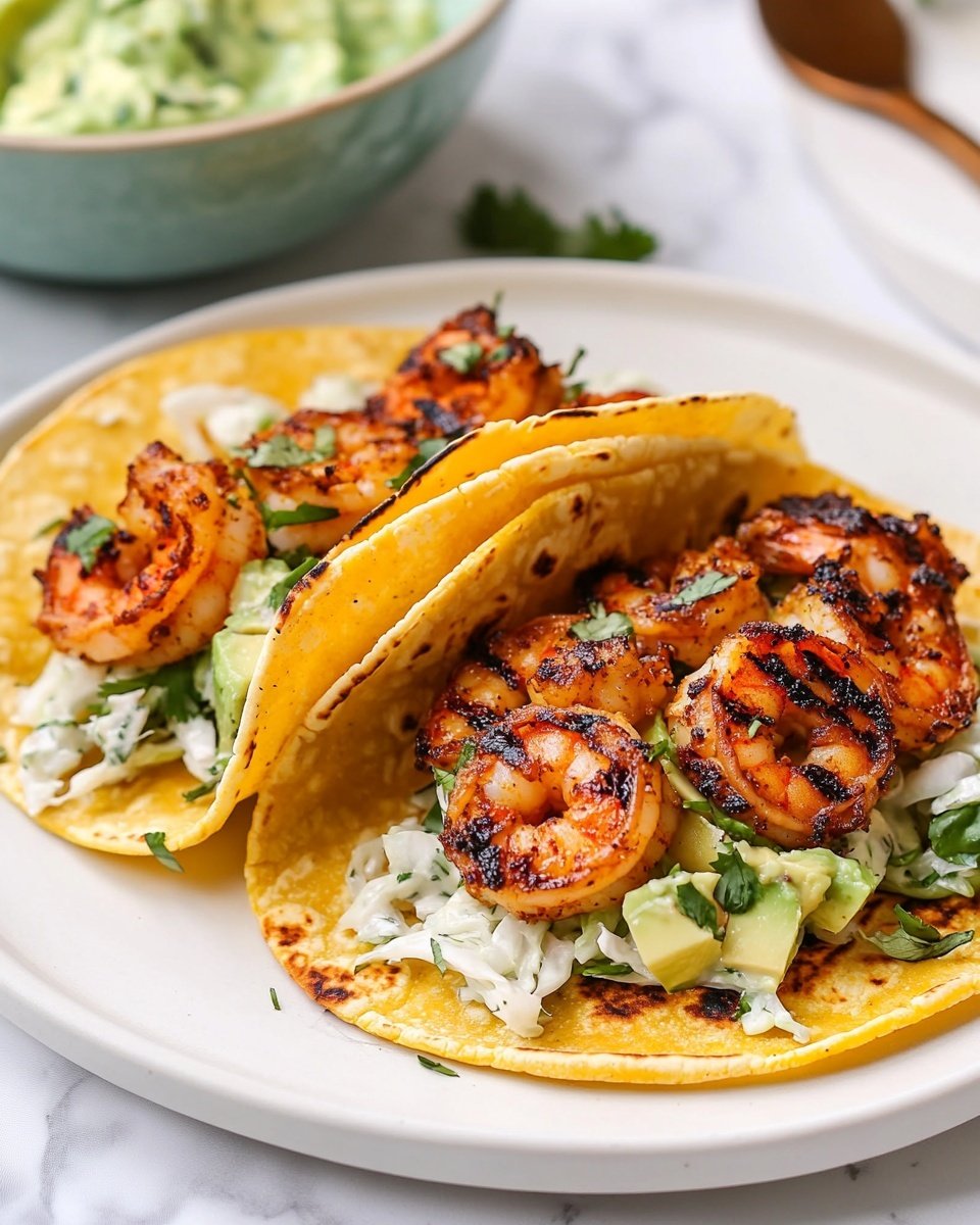 Two tacos sit on a white plate with toasted yellow corn tortillas forming the base layer. On the bottom inside each taco, there is a creamy white cabbage slaw with green flecks, topped by several reddish-orange grilled shrimp coated in a sauce and sprinkled with chopped herbs. Thin, long slices of bright green avocado rest on top of the shrimp in each taco. The plate is on a white marbled surface, with a bowl of creamy green cabbage slaw blurred in the background. Photo taken with an iphone --ar 4:5 --v 6.1