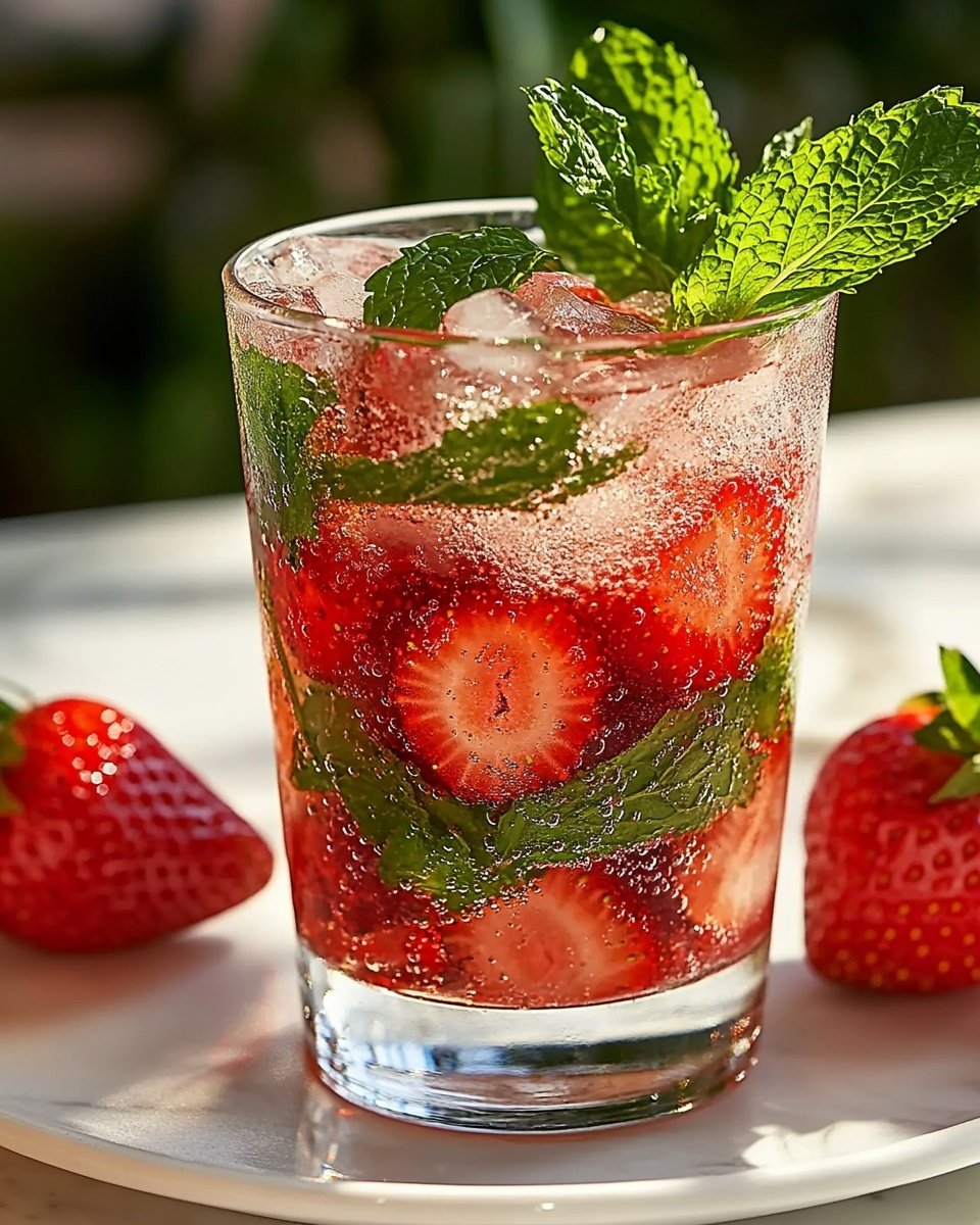 A clear glass filled with three main layers: at the bottom, crushed red strawberries sinking into a liquid base; in the middle, fresh whole mint leaves mixed with small strawberry pieces; and at the top, clear sparkling bubbles with crushed ice, all topped with a bright green mint sprig. The glass is placed on a white plate that holds two shiny red strawberries with green tops on the side, all set against a white marbled surface. photo taken with an iphone --ar 4:5 --v 6.1