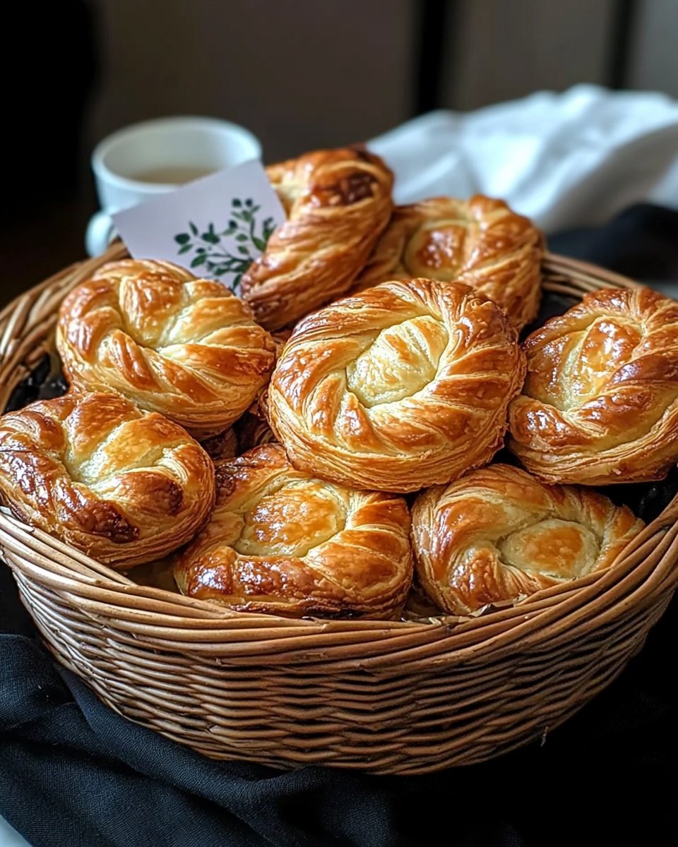 A round wicker basket holds around ten golden brown pastries arranged close together. Each pastry has a textured, flaky crust with a flower-like shape, showing small folds on the edges and a glossy, slightly shiny finish. At the center of each pastry, there is a small filling that looks crumbly and darker brown. The basket is placed on a dark cloth over a white marbled surface. In the background, a pepper mill and a closed white book tied with black string are partly visible, along with small white flowers in a clear glass vase. Photo taken with an iphone --ar 4:5 --v 6.1