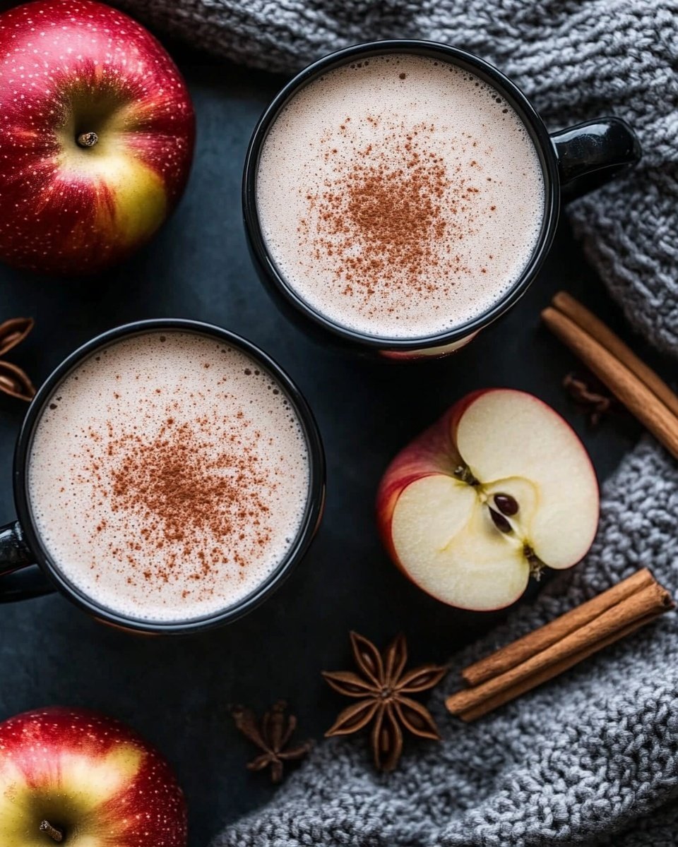 A tall black mug filled with a creamy, light brown drink topped with frothy foam dusted with fine brown cinnamon powder, decorated in the center with several thin, curved slices of pale yellow apple arranged neatly; the mug sits on a white marbled surface, surrounded by two whole red and yellow apples in the blurred background, a few apple slices to the side, and two cinnamon sticks lying on the surface nearby, creating a cozy, warm scene. photo taken with an iphone --ar 4:5 --v 6.1