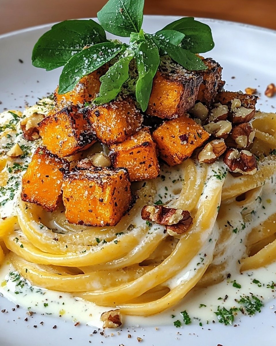 A white plate holds a nest of yellow pasta twirled tightly at the bottom. On top, a creamy white sauce with green herb specks flows over the pasta. Bright orange roasted cubes sit on the sauce, showing a slightly crispy texture with dark seasoning specks. Walnuts, light brown with a rough texture, are scattered on top, along with chopped green herbs. A small bunch of fresh green leaves crowns the dish. Red chili flakes are lightly sprinkled over everything. The dish is on a white marbled surface. Photo taken with an iphone --ar 4:5 --v 6.1