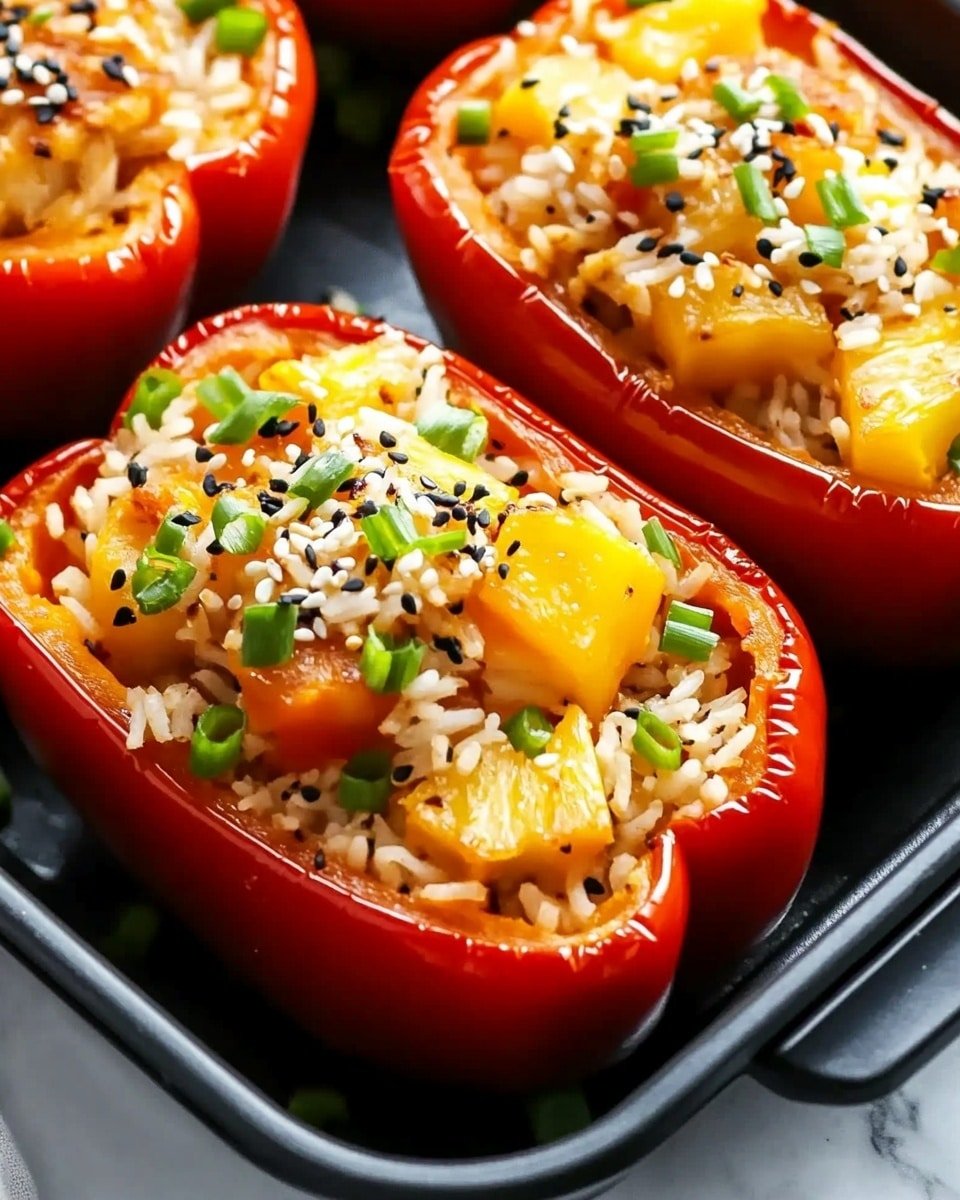 In the image, there is a black baking tray holding three stuffed bell peppers placed on a white marbled surface. Two bright red bell peppers and one orange bell pepper are halved and filled with a stuffing made of light brown rice mixed with yellow chunks, possibly pineapple, and garnished with small bright green onion pieces. The stuffing has a slightly crispy top texture and is sprinkled with black pepper and sesame seeds. The peppers have smooth, shiny skins and the tray has slight reflections, enhancing the fresh look of the dish. photo taken with an iphone --ar 4:5 --v 6.1