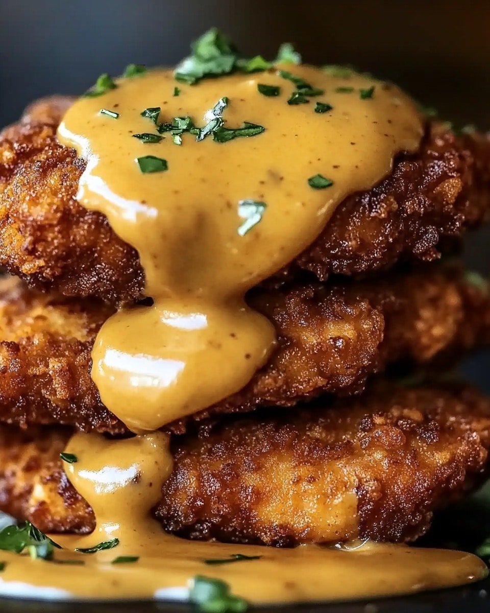The image shows two layered crispy fried chicken pieces, golden brown with a crunchy texture, stacked one on top of the other. A thick, creamy mustard-colored sauce with small black pepper specks flows over the top and sides of the chicken, pooling slightly at the base. The dish is garnished with small green herb leaves scattered on the sauce and around the chicken. The background is a white marbled texture. photo taken with an iphone --ar 4:5 --v 6.1