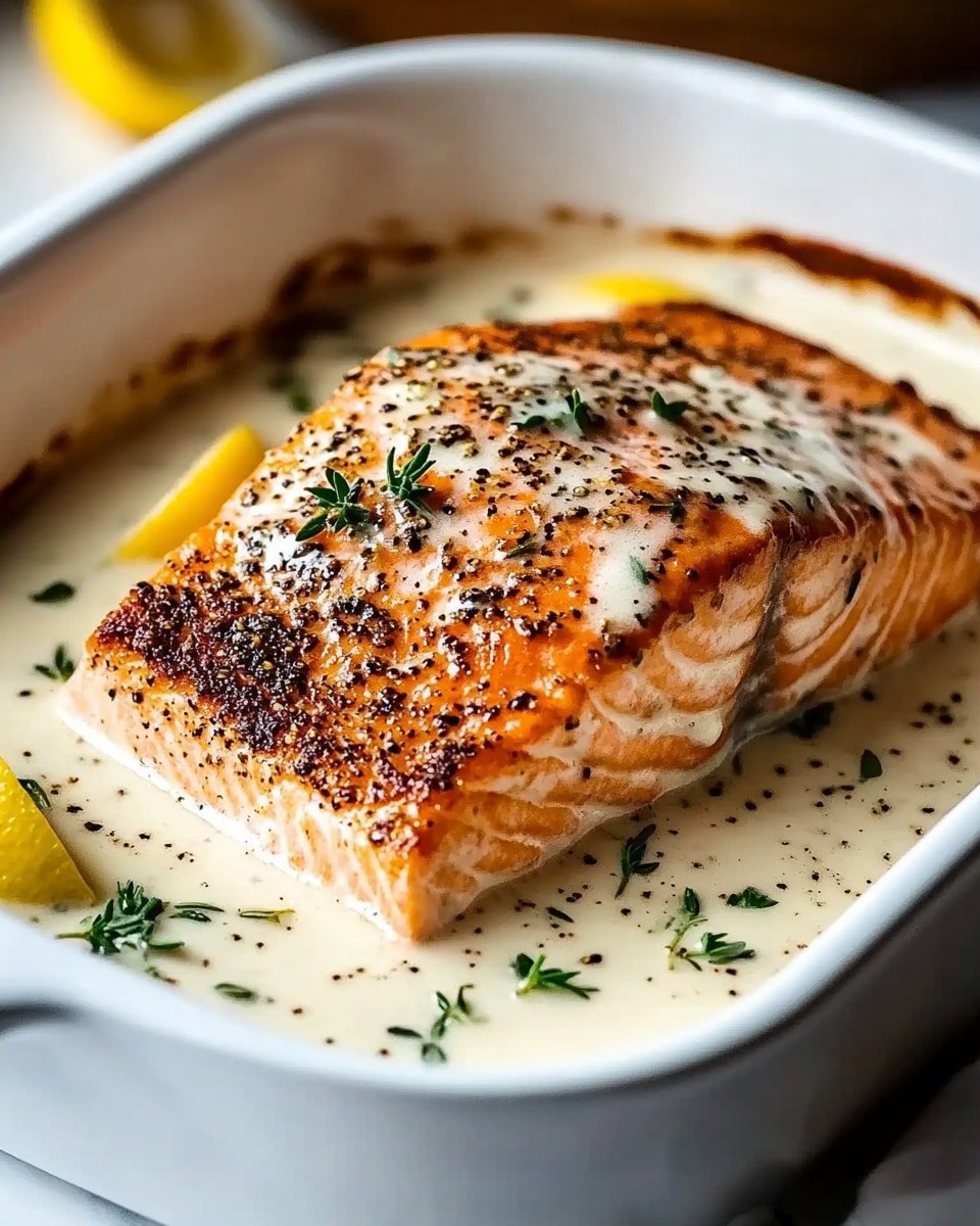 A single thick piece of cooked salmon with a golden-brown crust sits in the center of a white baking dish filled with creamy white sauce speckled with black pepper and herbs. The salmon's pink flesh contrasts with the sauce, and the top is partially covered with the sauce and small green herb leaves, possibly thyme. Around the edges of the dish are a few yellow lemon wedges, adding a pop of color to the scene. The background shows a white marbled surface and a blurred bowl, enhancing the focus on the salmon dish. Photo taken with an iphone --ar 4:5 --v 6.1