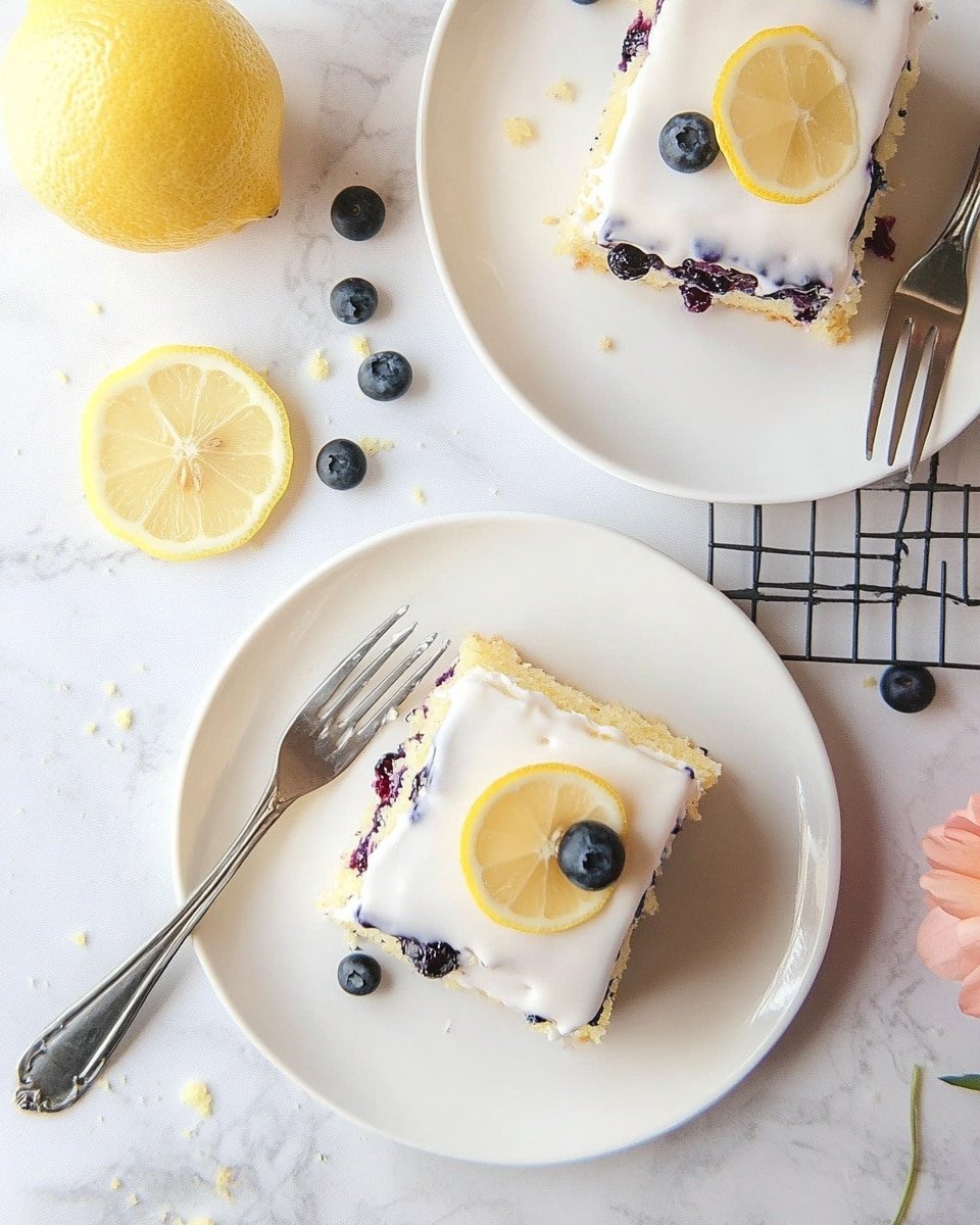 Two square pieces of cake sit on white plates on a white marbled surface. Each cake has three layers: a yellow cake base, a middle layer with dark blueberries, and a top layer covered with white icing that drips slightly over the edges. Each piece is decorated with a thin lemon slice and a blueberry on top. Two silver forks rest on the plates, one held by a woman's hand. There is a half lemon and a small orange flower with a green stem placed near the plates, along with a few scattered blueberries. In the background, part of a black cooling rack with crumbs is visible. photo taken with an iphone --ar 4:5 --v 6.1