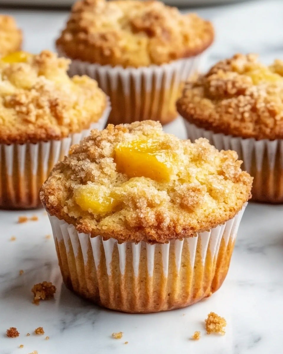 The image shows a close-up of five muffins, each in a white paper liner on a gray surface. Each muffin has two main layers: the bottom cake layer is golden brown and soft with bits of yellow fruit baked inside, and the top layer is a crumbly, light brown streusel topping with small chunks and a slightly crispy texture. Some yellow fruit pieces peek through the crumb layer. The muffins have an uneven but inviting texture and a warm, freshly baked look. The background is softly blurred to highlight the muffins. photo taken with an iphone --ar 4:5 --v 6.1