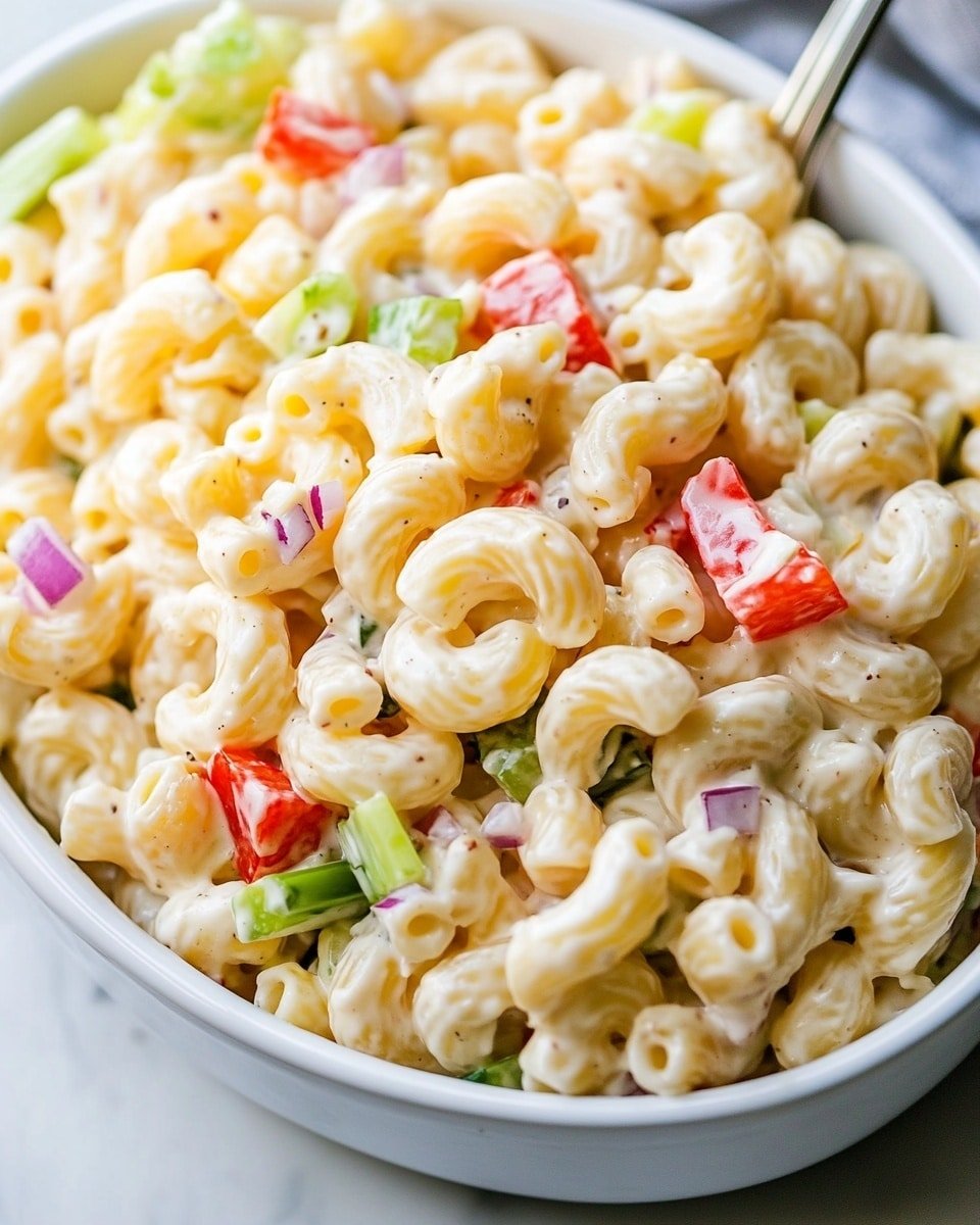 The dish is a close-up of macaroni salad in a white oval bowl. The salad has one main layer, which is creamy white macaroni with smooth sauce coating each curved pasta piece. Mixed into the pasta are small pieces of bright red bell pepper, pale green celery, and purple onion, adding pops of color and texture. The macaroni and vegetables are evenly mixed, showing a mix of smooth, chunky, and crisp textures. The background is a white marbled surface, and a silver spoon is visible in the bowl. photo taken with an iphone --ar 4:5 --v 6.1