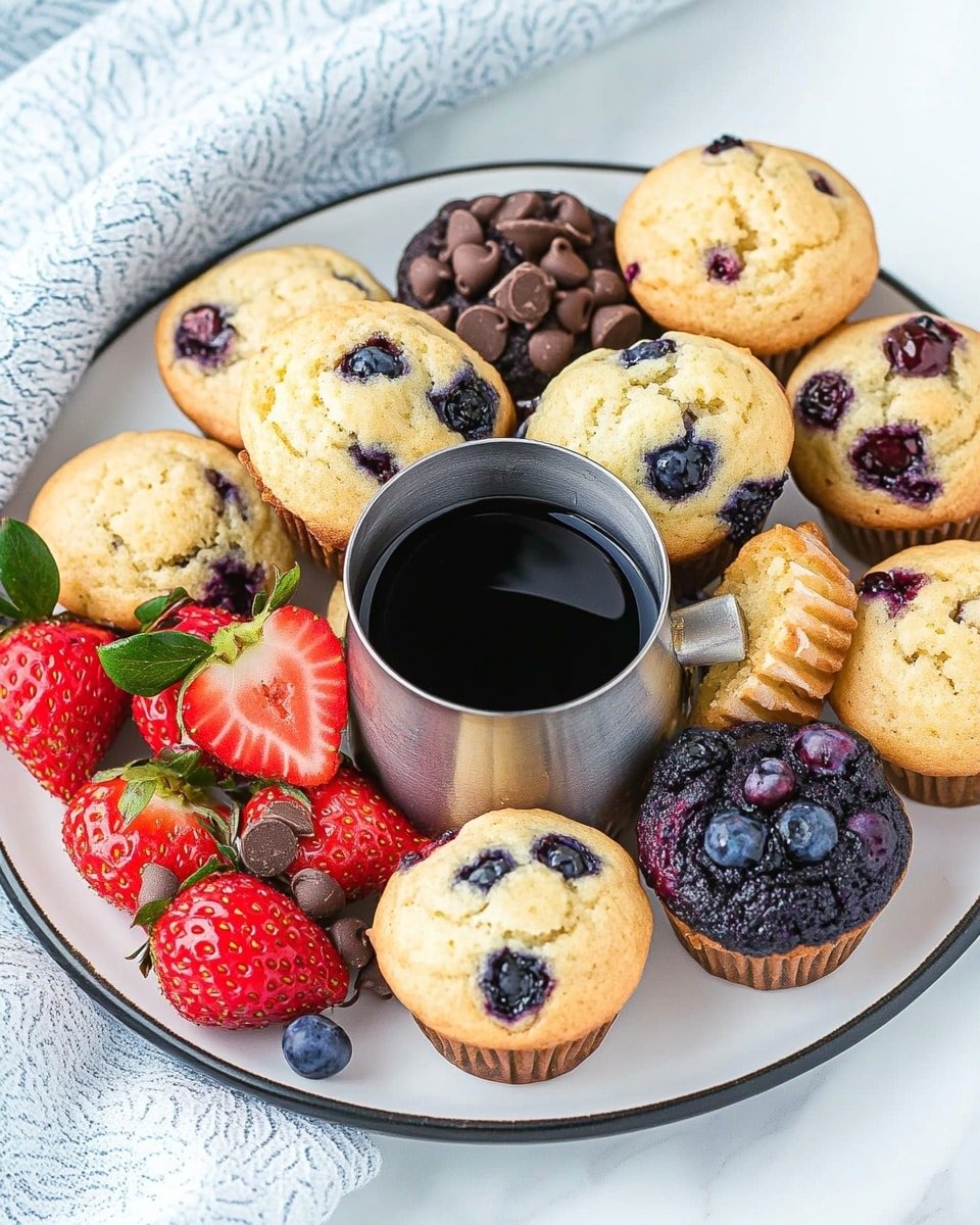 A white plate with a black rim holds a pile of small muffins in three types: plain light golden, chocolate chip with small dark brown chips scattered on top, and blueberry with purple and blue berries visible on the surface, some split open. There are a few bright red strawberries with green leaves on the left side of the plate. In the middle of the plate, a small silver pitcher is filled with dark syrup, creating a shiny black center point. The plate sits on a white marbled surface with a light blue patterned cloth on the lower left corner. photo taken with an iphone --ar 4:5 --v 6.1