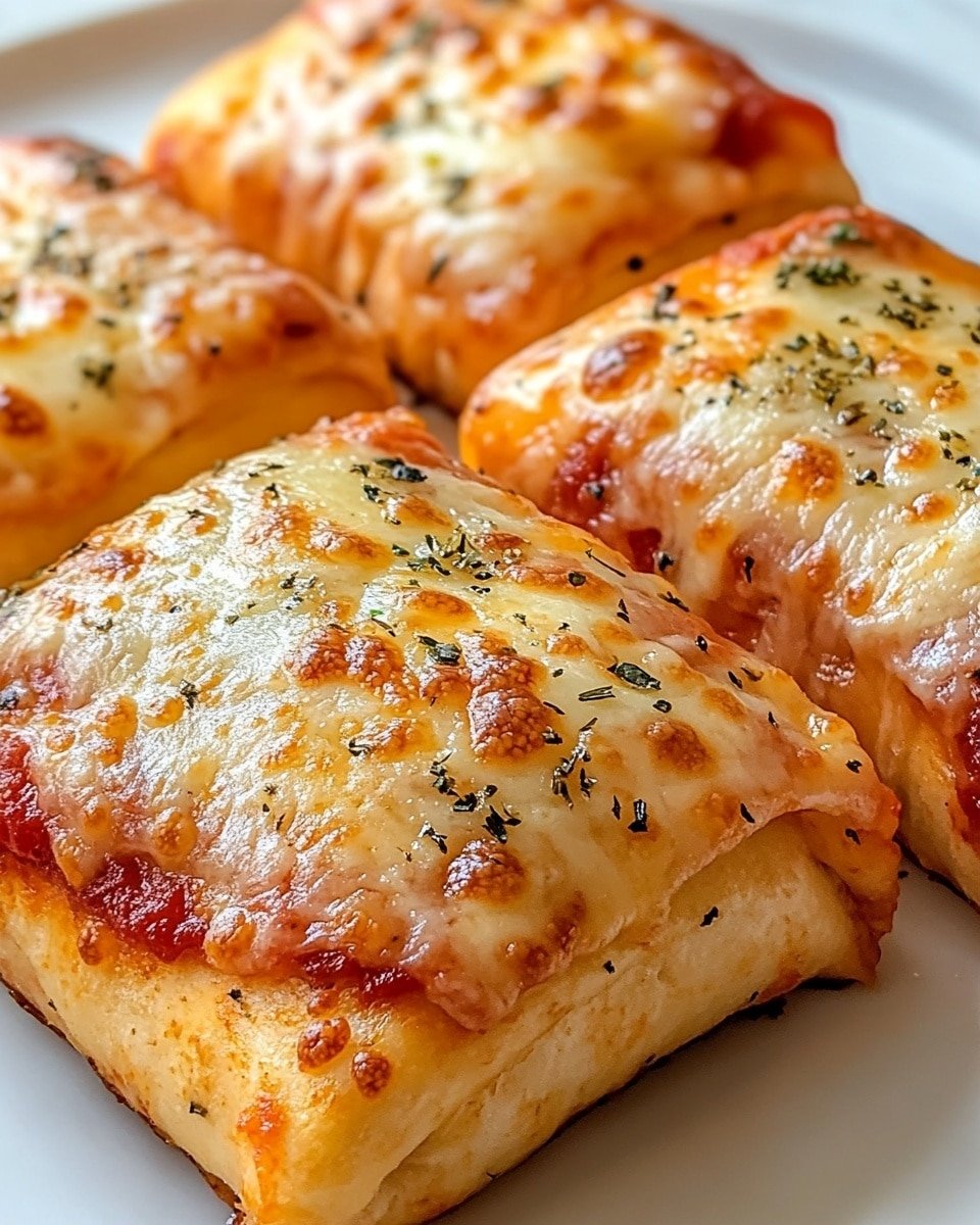 The image shows three pieces of rectangular pizza rolls on a white plate, placed on a white marbled surface. Each pizza roll has a golden-brown crust with a slightly crispy texture and melted cheese on top, which is browned in some spots and sprinkled with small bits of green herbs and black pepper. The pizza rolls have a visible layer of red tomato sauce and melted cheese peeking out from inside the dough at the front edges. The surface of the rolls looks smooth with some puffed and flaky areas, indicating a soft inside with a crisp outside. photo taken with an iphone --ar 4:5 --v 6.1