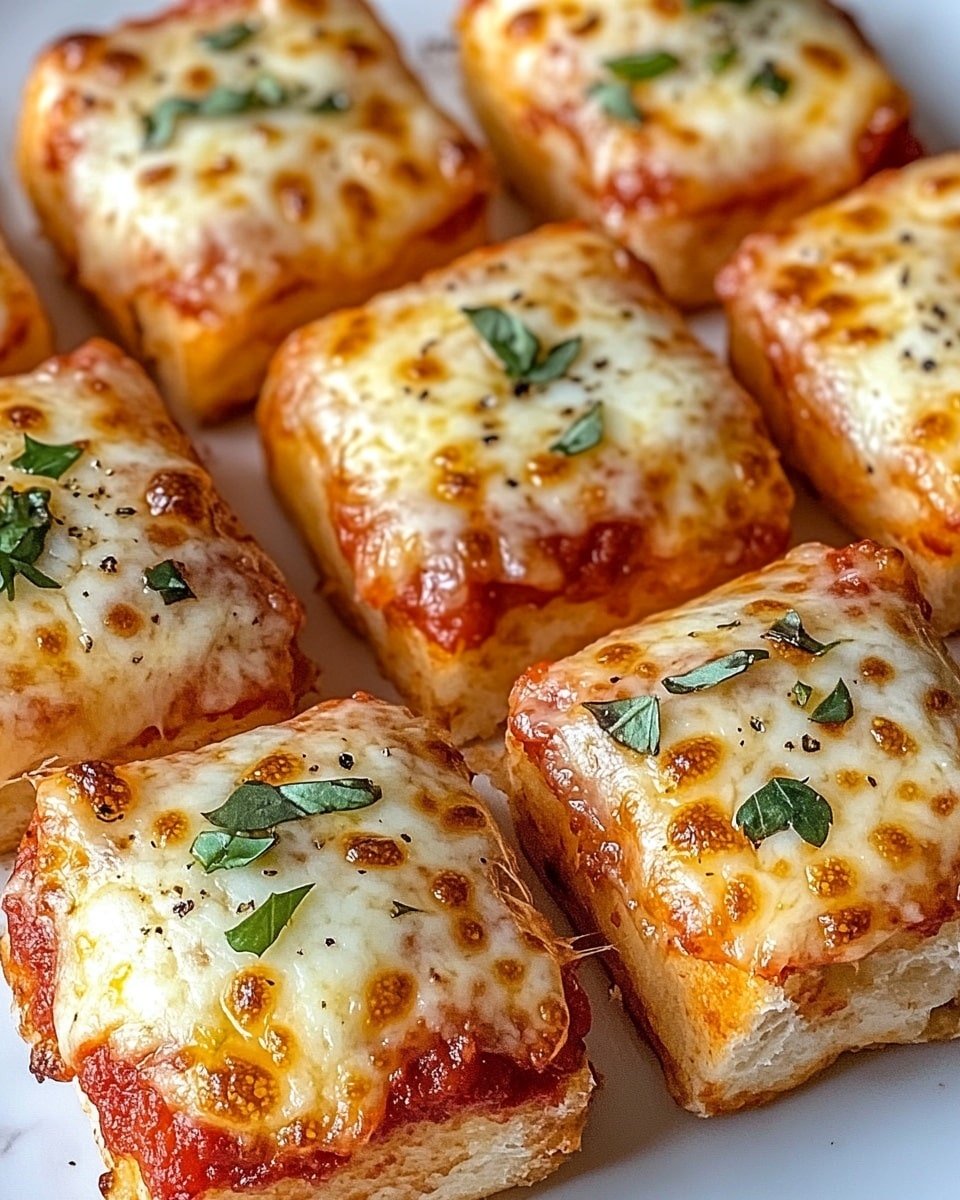 Nine square-shaped pizza bites sit close together on a white plate with a white marbled surface underneath. Each bite has a golden brown, slightly puffy crust on the outside, topped with melted cheese that shows browned spots and bubbly texture. Beneath the cheese, a thin layer of red tomato sauce peeks out at the edges. Fresh green herbs and black pepper are sprinkled on top of the cheese adding color and texture to the bites. The overall look is warm, cheesy, and inviting with a mix of golden, white, red, green, and black colors. photo taken with an iphone --ar 4:5 --v 6.1
