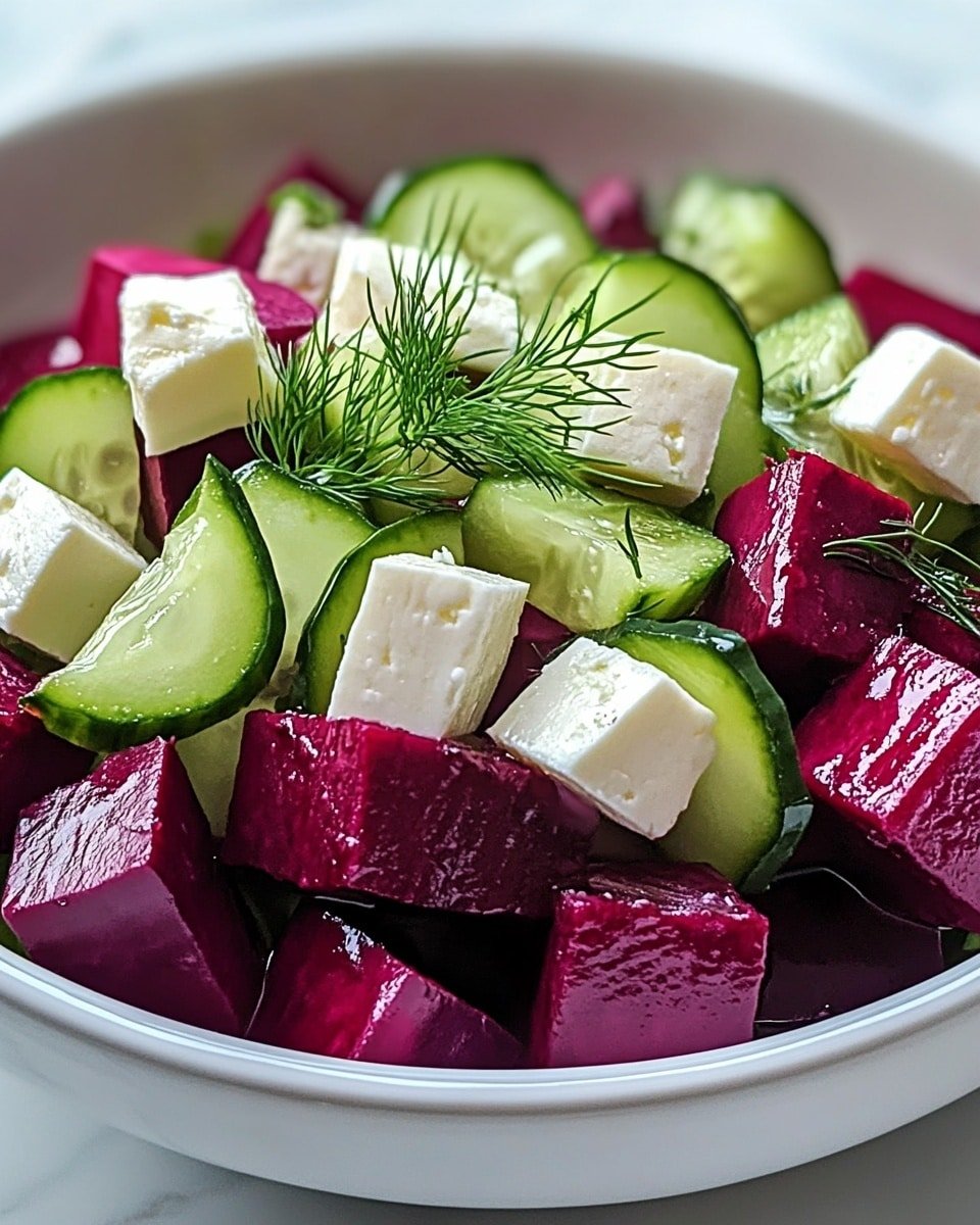 A white bowl filled with three main layers: the bottom layer is deep purple beet cubes with a smooth, slightly shiny texture; the middle layer consists of green cucumber slices with a fresh, crisp look and some moisture droplets; the top layer has white cubes of soft cheese scattered around, with small green sprigs of dill placed over the salad for garnish. The bowl sits on a white marbled surface, and the colors of the salad are bright and vibrant, showing a fresh and healthy dish. photo taken with an iphone --ar 4:5 --v 6.1