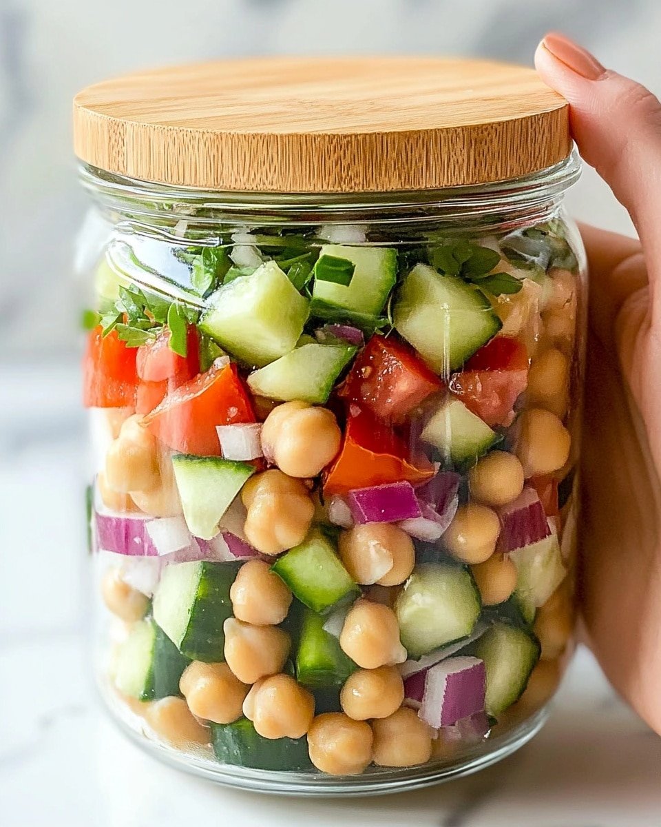 A clear glass jar with a wooden lid filled with a colorful layered salad. The jar shows three main layers: at the bottom, small white cheese cubes mixed with diced red onion; the middle layer contains round, beige chickpeas; the top layer has fresh green cucumber slices and red tomato pieces. The salad is mixed with green herbs and light dressing visible on the vegetables. A woman's hand is gently holding the jar at the bottom, with a white marbled background behind. Photo taken with an iphone --ar 4:5 --v 6.1