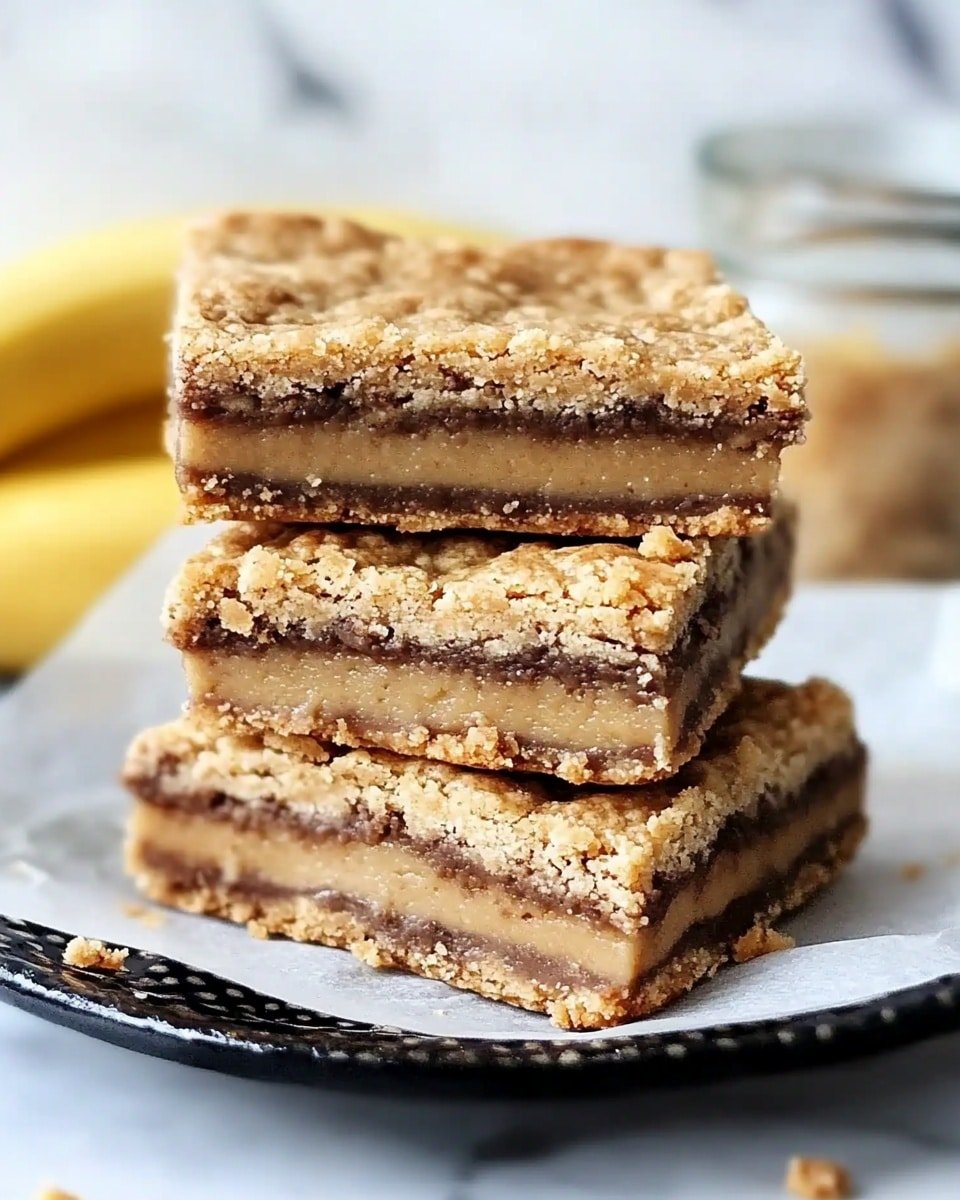 The image shows a stack of four square bars on a white parchment-lined white plate, placed on a white marbled surface. Each bar has two main layers: a dense, light brown bottom layer with a slightly crumbly texture and a thicker, moist, smoother light tan top layer with a slightly cracked surface. The bars appear soft and chewy, with a few crumbs on the edges and tops. In the blurry background, there is a yellow banana and a glass container. Photo taken with an iphone --ar 4:5 --v 6.1