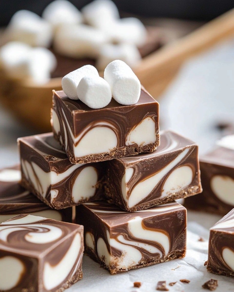 The image shows a close-up of five square pieces of fudge stacked with three on bottom, one in middle, and one on top. Each piece has a smooth swirl of two colors: dark brown chocolate and creamy white, creating a marbled pattern inside the fudge. The top piece is decorated with four small white marshmallows on its flat surface. The fudge pieces sit on a neutral light surface with more marshmallows scattered around. The background is blurred, showing a bowl holding more fudge pieces and a wooden spoon lying flat. The colors are warm and rich, highlighting the soft, creamy texture of the fudge. Photo taken with an iphone --ar 4:5 --v 6.1