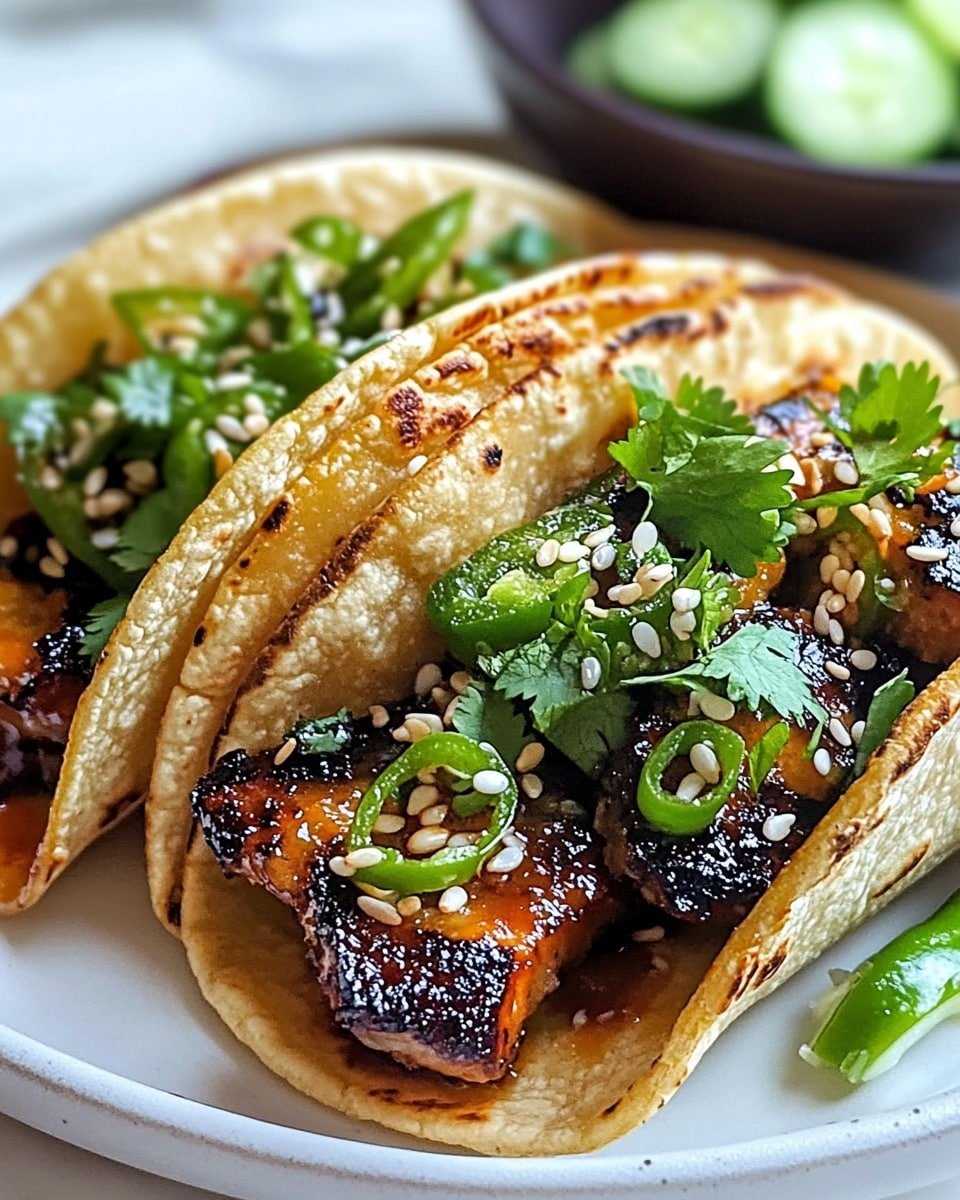 Three small tacos sit side by side on a white plate, each with a soft, lightly toasted tortilla shell that has a slightly golden-brown edge. Inside every tortilla, there is a base layer of a smooth creamy spread, topped by a dark, shiny, grilled filling with a caramelized texture. This is garnished with bright green sliced chili peppers, fresh chopped cilantro, green onions, and sprinkled with small white sesame seeds. There are a few small drops of light pink sauce drizzled on top. In the background, there is a white marbled surface with a blurred bowl of sliced green cucumbers in a green sauce. Photo taken with an iphone --ar 4:5 --v 6.1