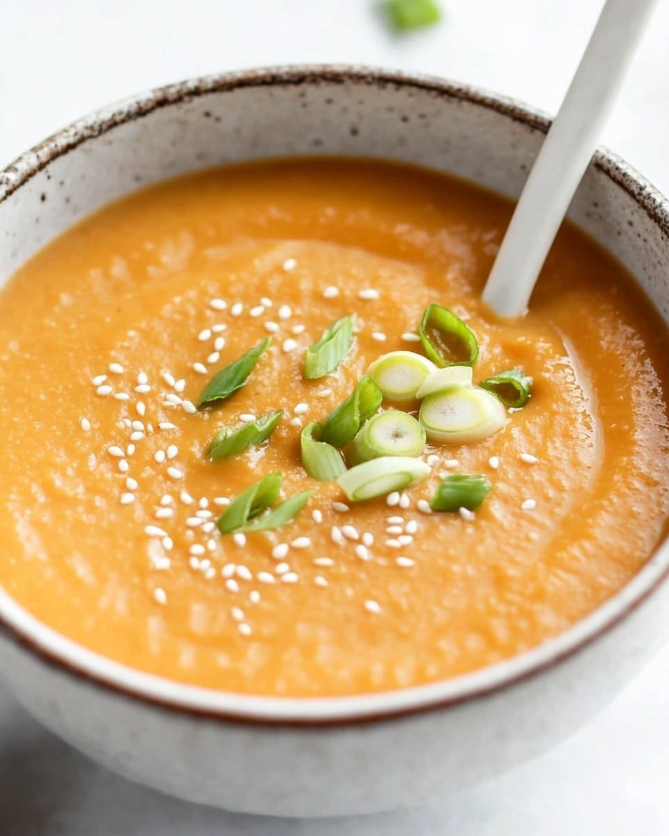 A close-up view of a bowl filled with smooth, light orange soup that has a creamy texture. The soup is decorated on top with small green slices of scallions and white sesame seeds scattered gently. The bowl is white ceramic with a slightly thick rim, and a silver spoon with a white handle rests inside the soup at the front. The bowl is placed on a white marbled surface, giving a clean and fresh look. Photo taken with an iphone --ar 4:5 --v 6.1