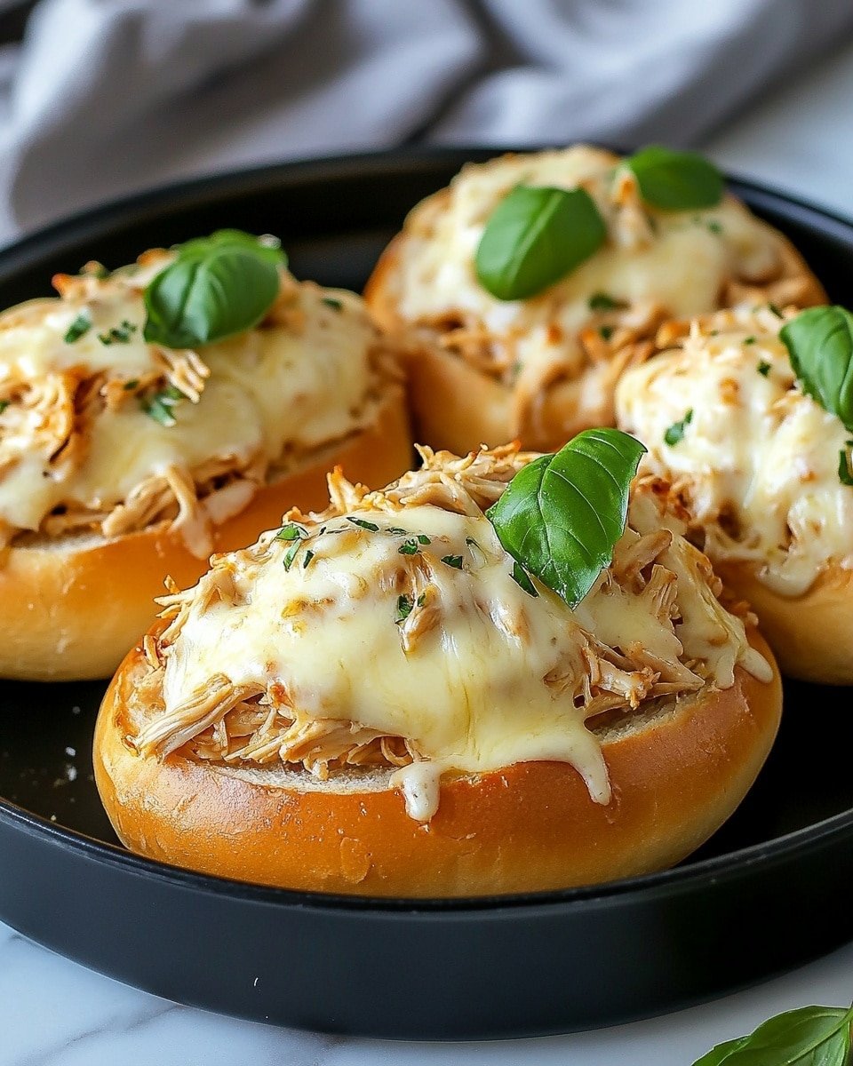 The image shows three sandwich buns with three layers each. The first layer is a soft golden-brown bun, split in half and lying flat. The second layer is shredded light brown chicken filling piled thickly on top of the buns. The third layer is melted creamy white cheese with a slightly bubbly and smooth texture, draped over the chicken filling. There are small black pepper specks scattered on the cheese, and fresh deep green basil leaves placed on top for garnish. The sandwiches rest inside a round black pan, which is on a cloth with a white marbled surface in the background. Photo taken with an iphone --ar 4:5 --v 6.1