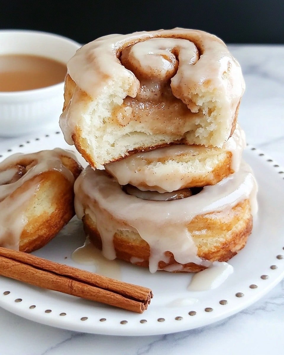 A stack of three round cinnamon rolls with thick white icing dripping slightly down the sides sits on a white plate with a dotted edge on a white marbled surface. The top cinnamon roll has a large piece taken out, showing layers of soft, light beige dough swirled with a thin brown cinnamon filling inside. To the left, a whole cinnamon roll leans against the stack, showing its swirled layers covered in white icing. In front of the plate, three cinnamon sticks rest on the marbled surface. A small white bowl with a light brown sauce is blurred in the background. photo taken with an iphone --ar 4:5 --v 6.1