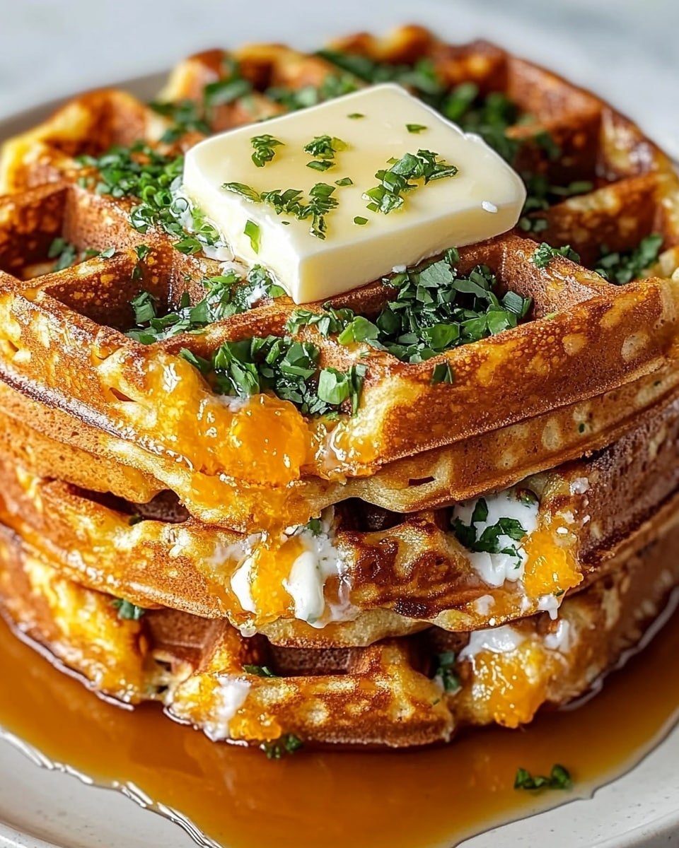 A stack of three golden-brown waffles sits on a white plate over a white marbled surface. Each waffle shows a crispy texture with visible green herbs and melted orange cheese inside the layers, with some white melting cheese oozing out between them. On top of the stack is a square pat of butter, melted slightly, sprinkled with finely chopped green onions and white grated cheese. Amber syrup slowly drips down the sides, making the waffles look rich and glossy. photo taken with an iphone --ar 4:5 --v 6.1