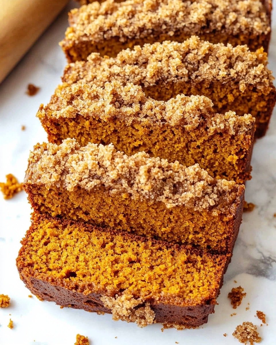 The image shows four slices of brown crumb-topped pumpkin bread stacked in a slightly overlapping line on a white marbled surface. Each slice has a rich orange-brown color with a rough crumb crust along the outer edges, which is tan and textured with small crumbs scattered around the slices. The bread looks moist inside with a soft, airy texture and a lightly crispy crumb layer. There is also part of a wooden rolling pin visible in the upper left corner. photo taken with an iphone --ar 4:5 --v 6.1